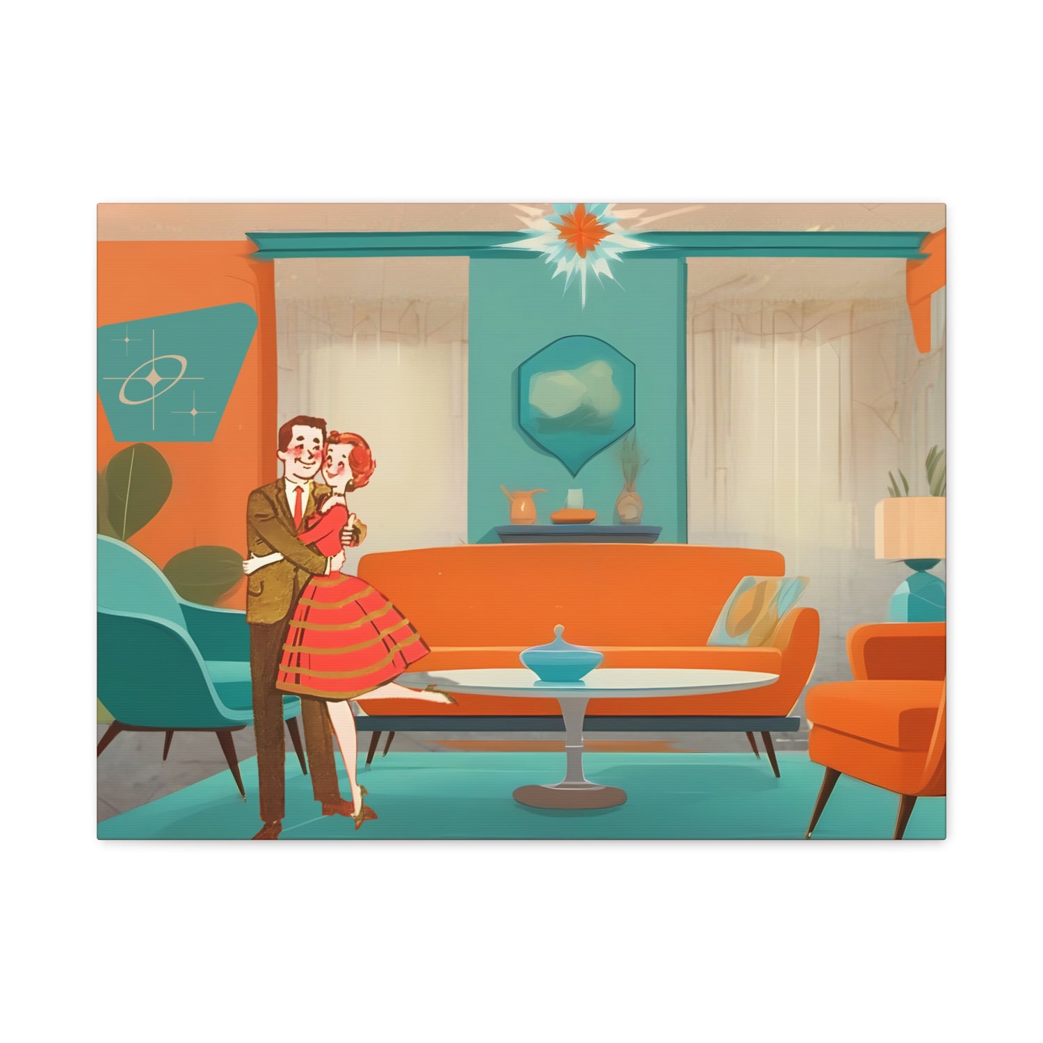 Mid Century Modern Wall Art, 50s Couple, Orange Teal, Mod Retro Wall Art - Mid Century Modern Gal