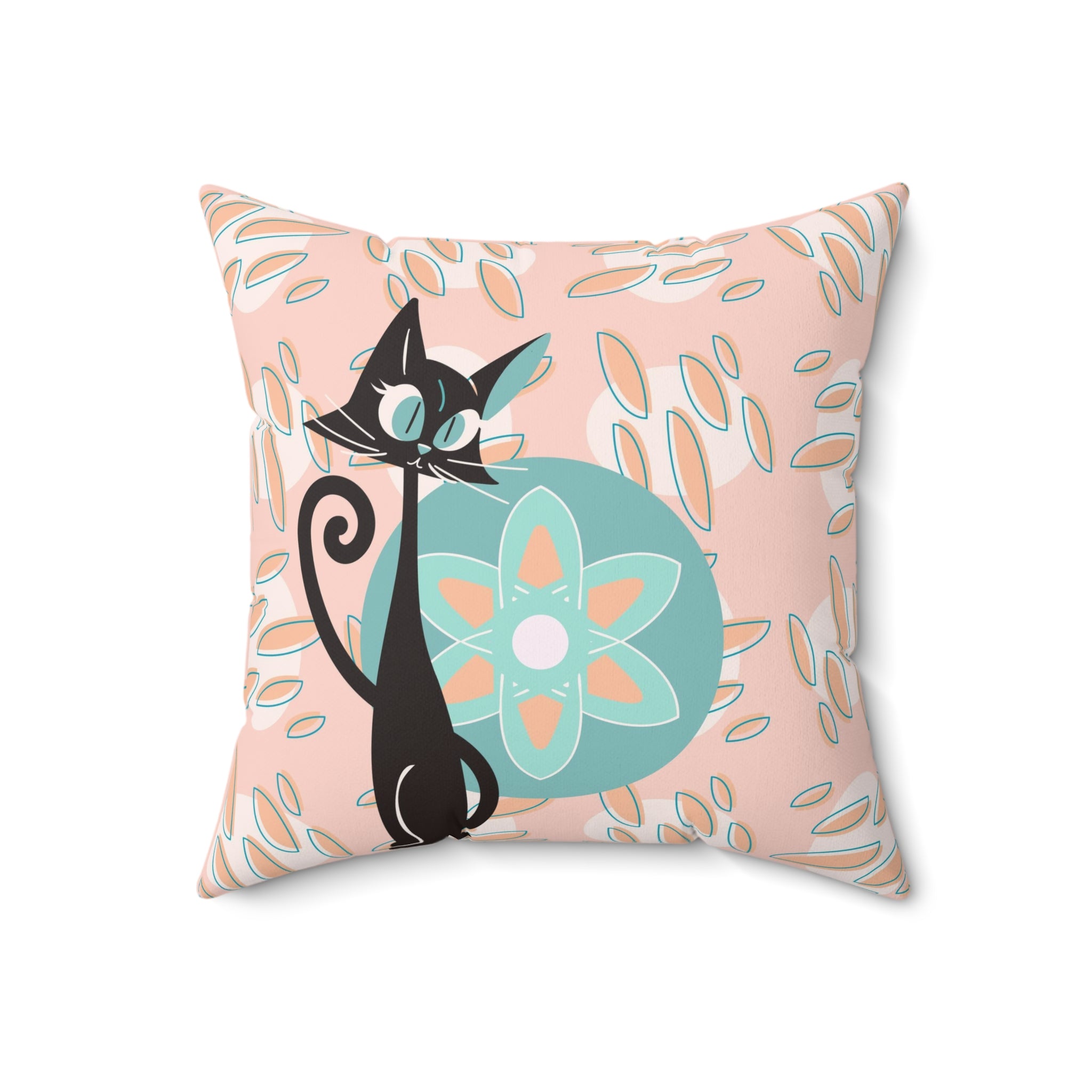 Atomic Cat, Groovy Retro Mid Century Modern Coral Pink, Blue, Orange, Hipster Pillow And Insert - Mid Century Modern Gal