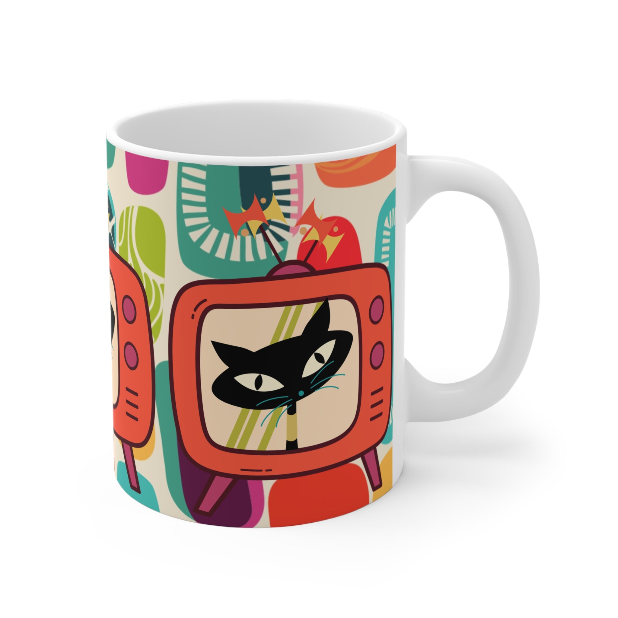 Retro Cat TV Mug, Quirky Coffee Cup for Cat Lovers, Fun Home Decor, Colorful Gift for Birthdays, Housewarming, Pet Owners, Tea Drinkers - Mid Century Modern Gal