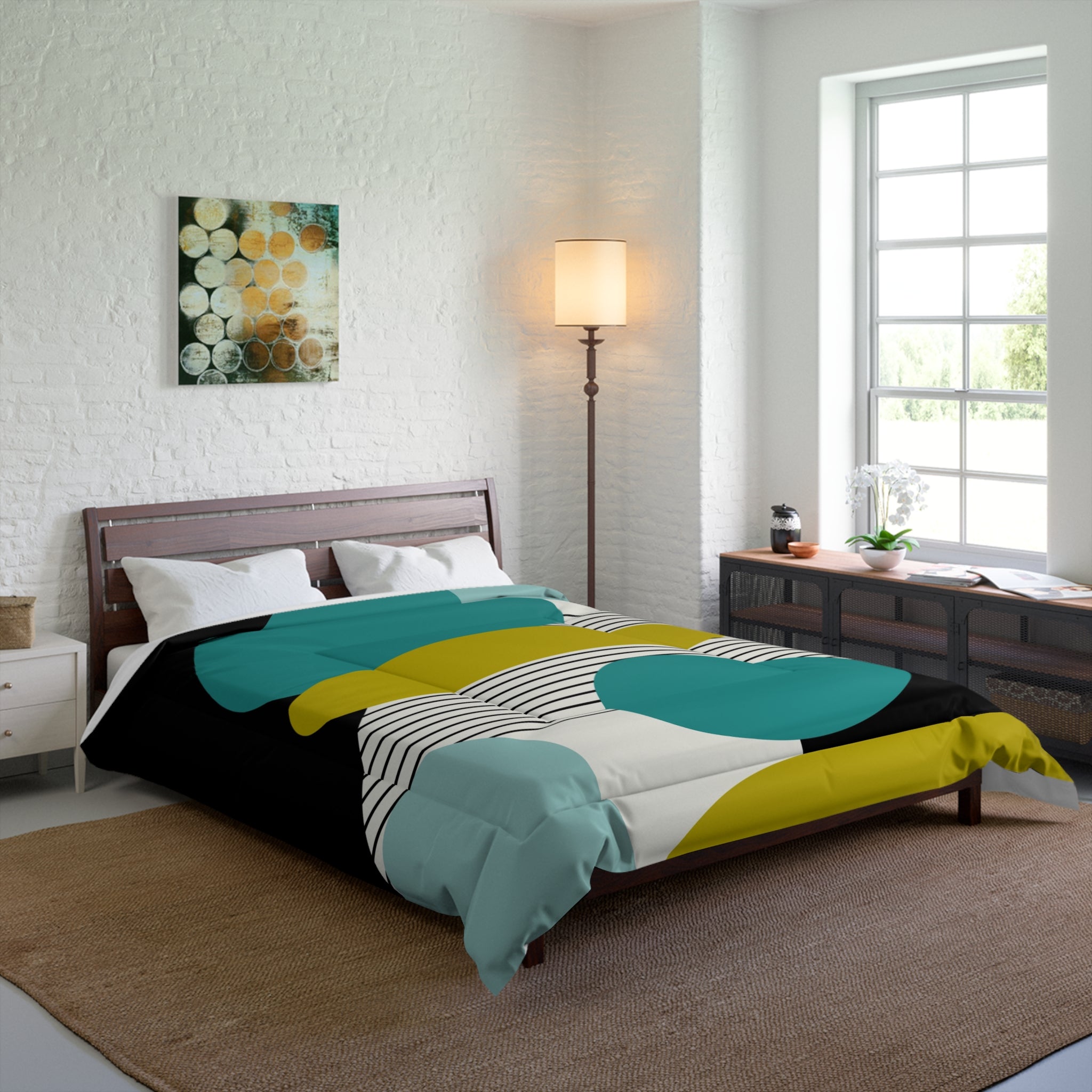 Mid Century Modern Lime Green, Teal, Cream Abstract MCM Comforter - Mid Century Modern Gal