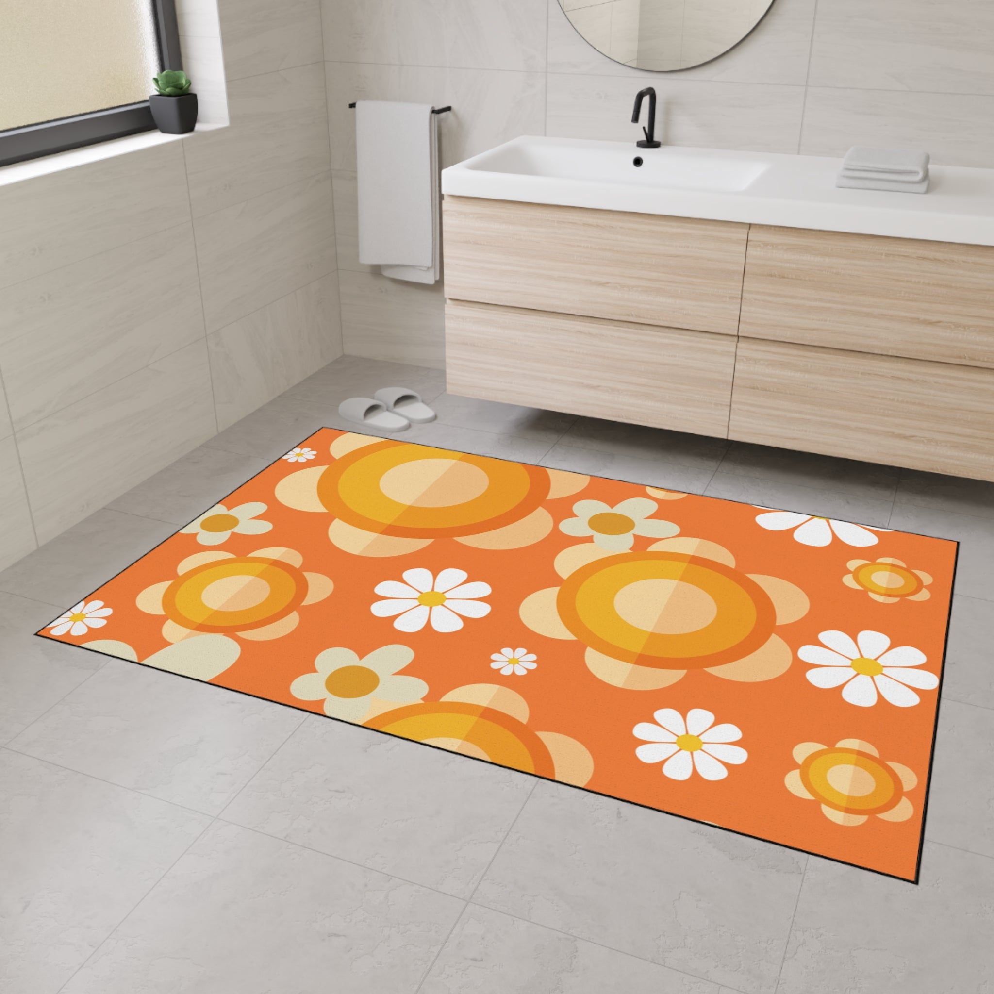 Retro Floral Orange, White Mod Daisy Heavy Duty Floor Mat - Ideal for Home Décor and Entryways - Mid Century Modern Gal