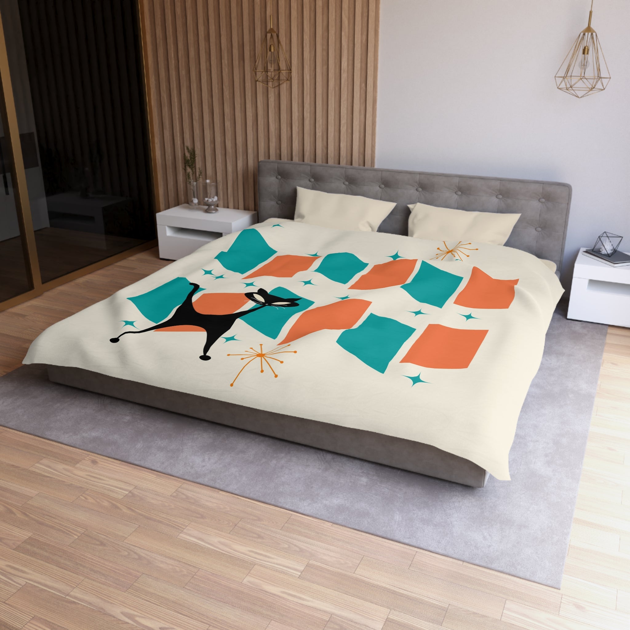 Mid Century Modern Orange, Teal, Retro Mod Duvet Cover With Atomic Cat Design - Mid Century Modern Gal