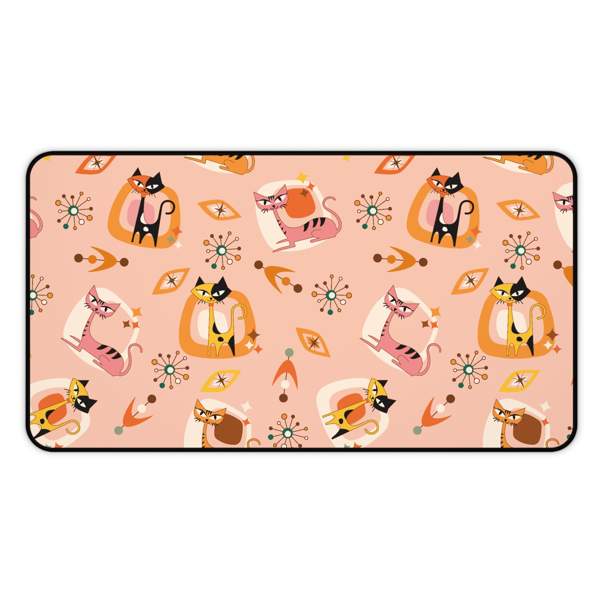 Atomic Cat Desk Mat, Mid Century Modern Office Kitschy Coral Cute Kitties Office Decor - Mid Century Modern Gal