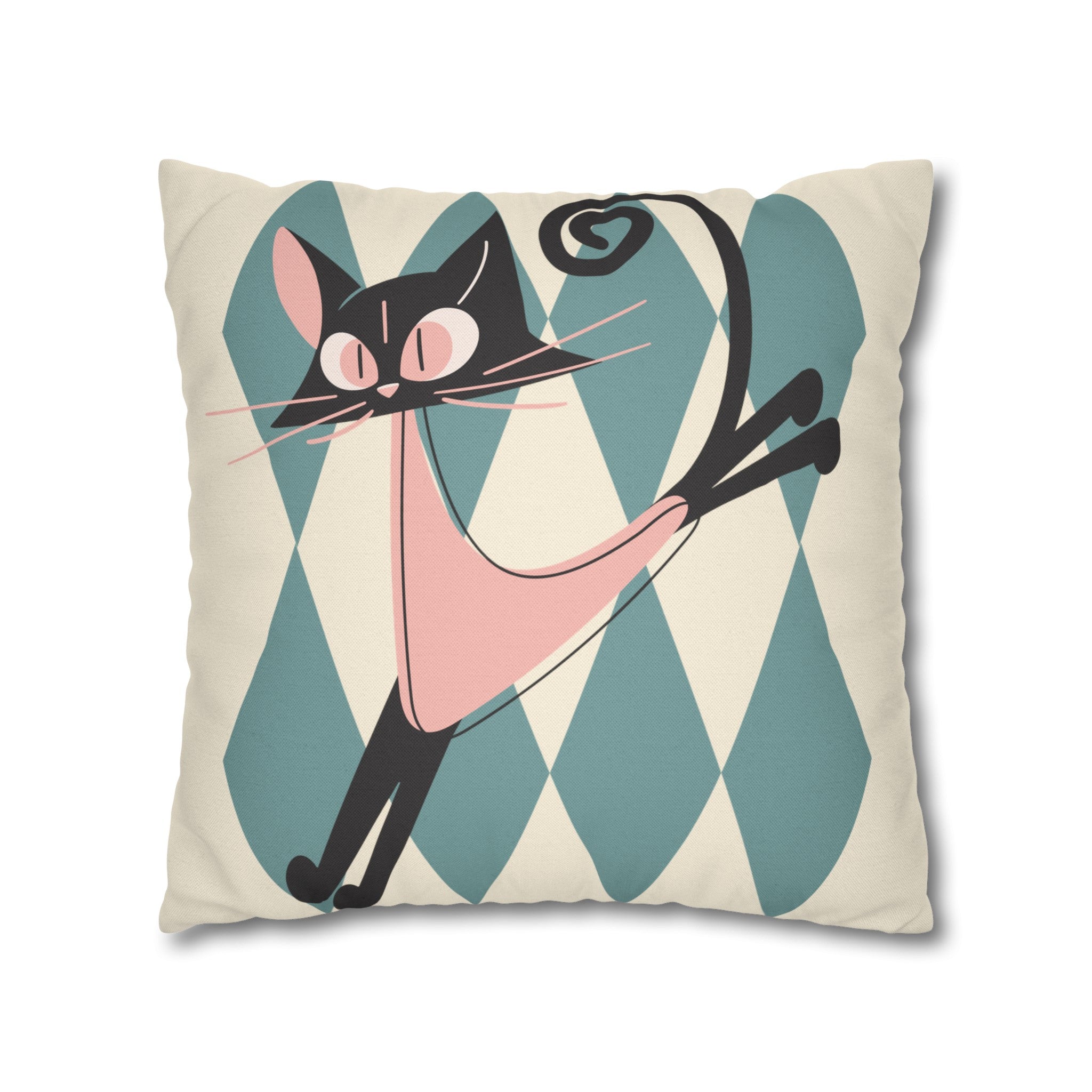 Atomic Kittie, Boomerang Mid Mod Atomic Cat, Harlequin Diamond Kitschy Pillow Cover - Mid Century Modern Gal