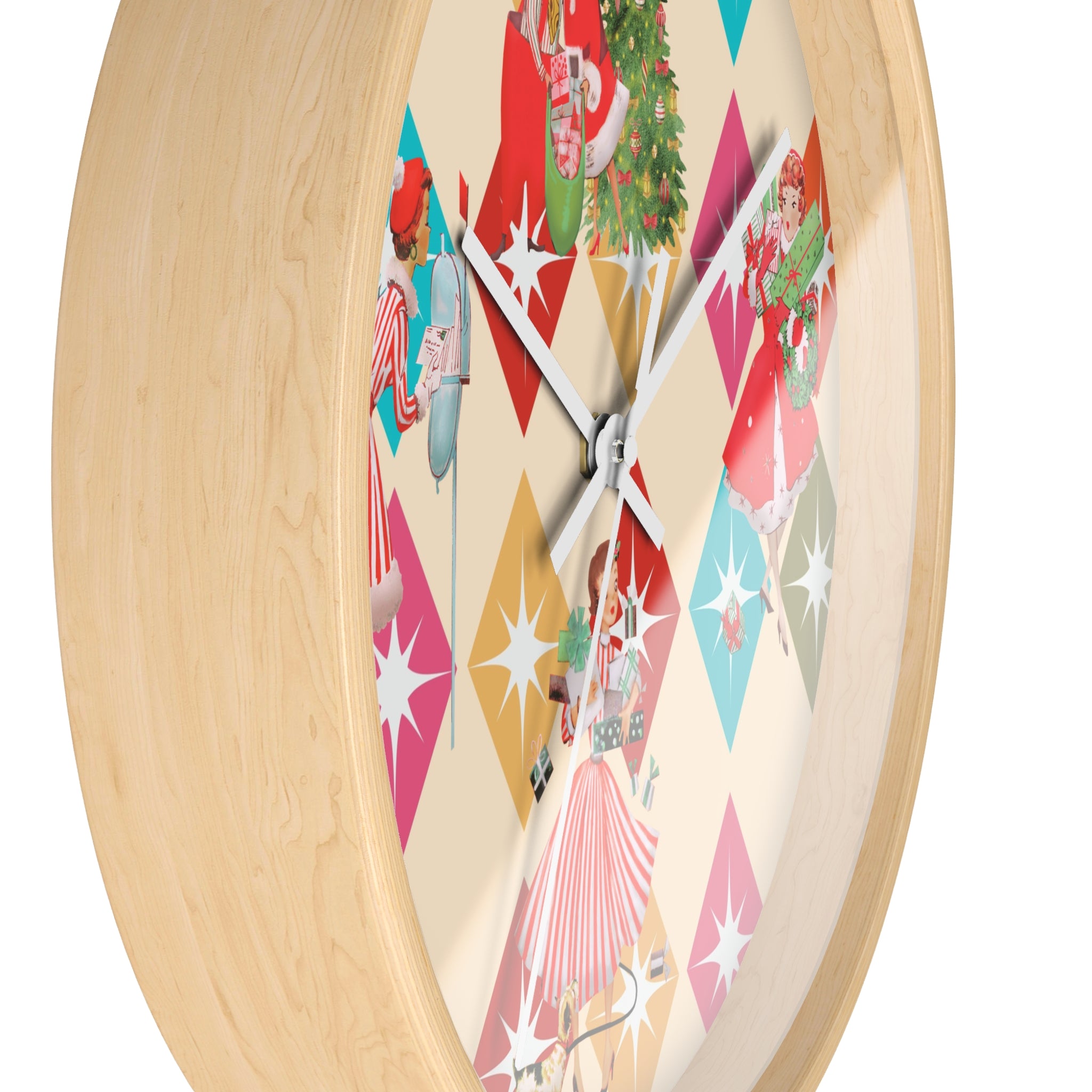 Holiday Retro Vintage Christmas Kitsch, Mid Century Modern Christmas Card Fun Kitschy 50s X-mas Wall Clock - Mid Century Modern Gal