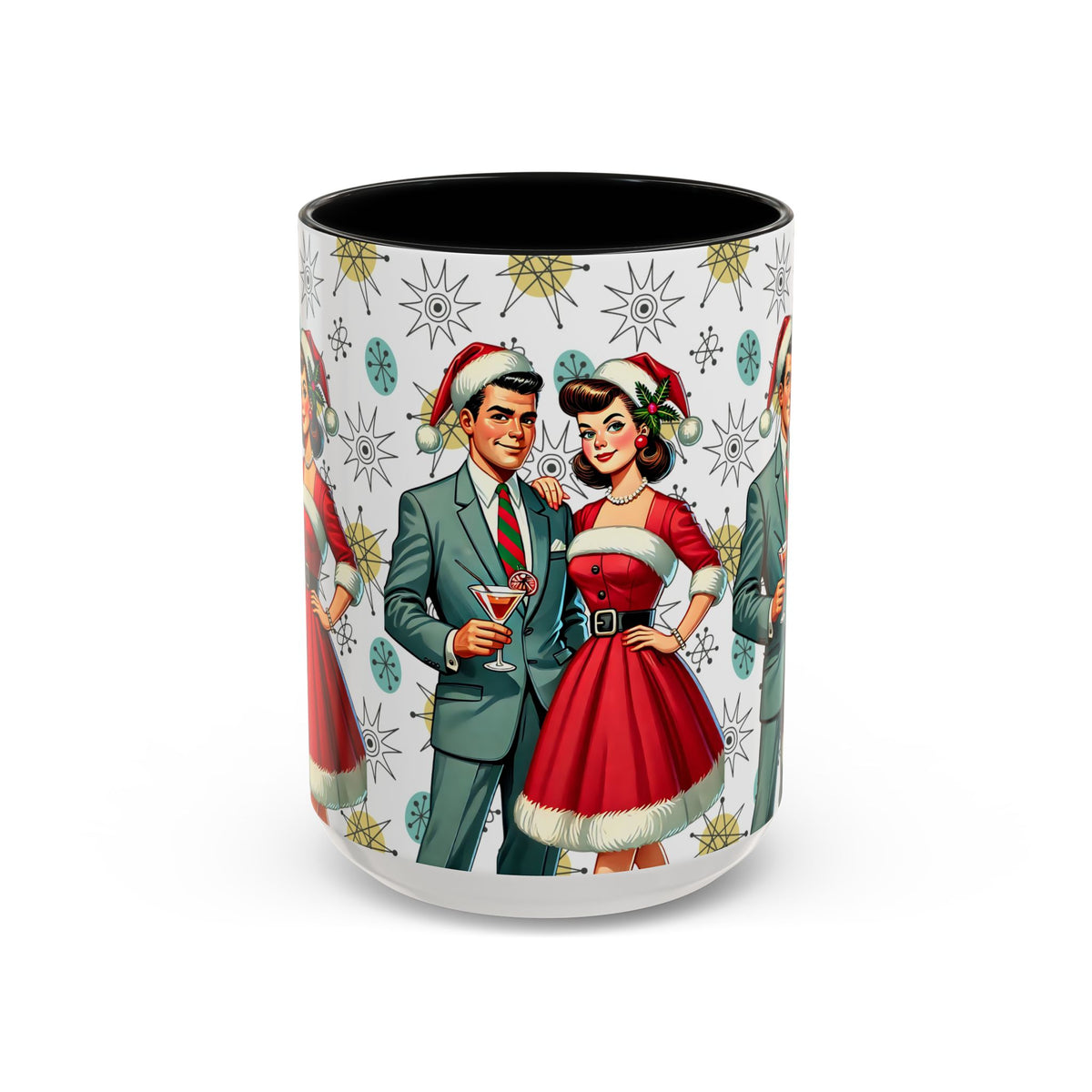 Mid Century Modern mug featuring a 50s Christmas design with atomic starburst patterns and retro couple in festive attire.