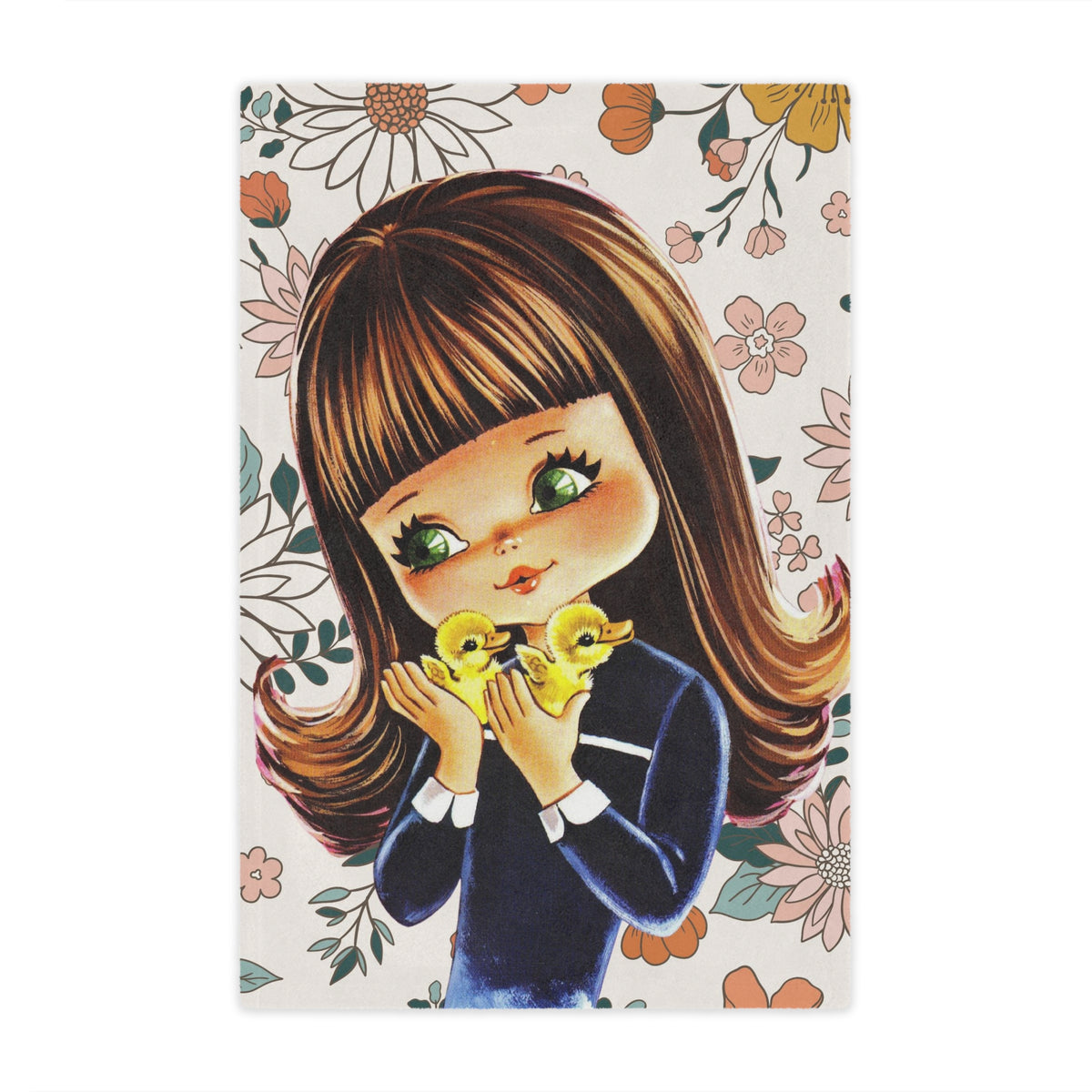 70's Groovy Style, Big Eyed Girl, Brown Hair, Flower Power, Baby Ducklings, Retro 1970's Home Decor Minky Blanket - Mid Century Modern Gal