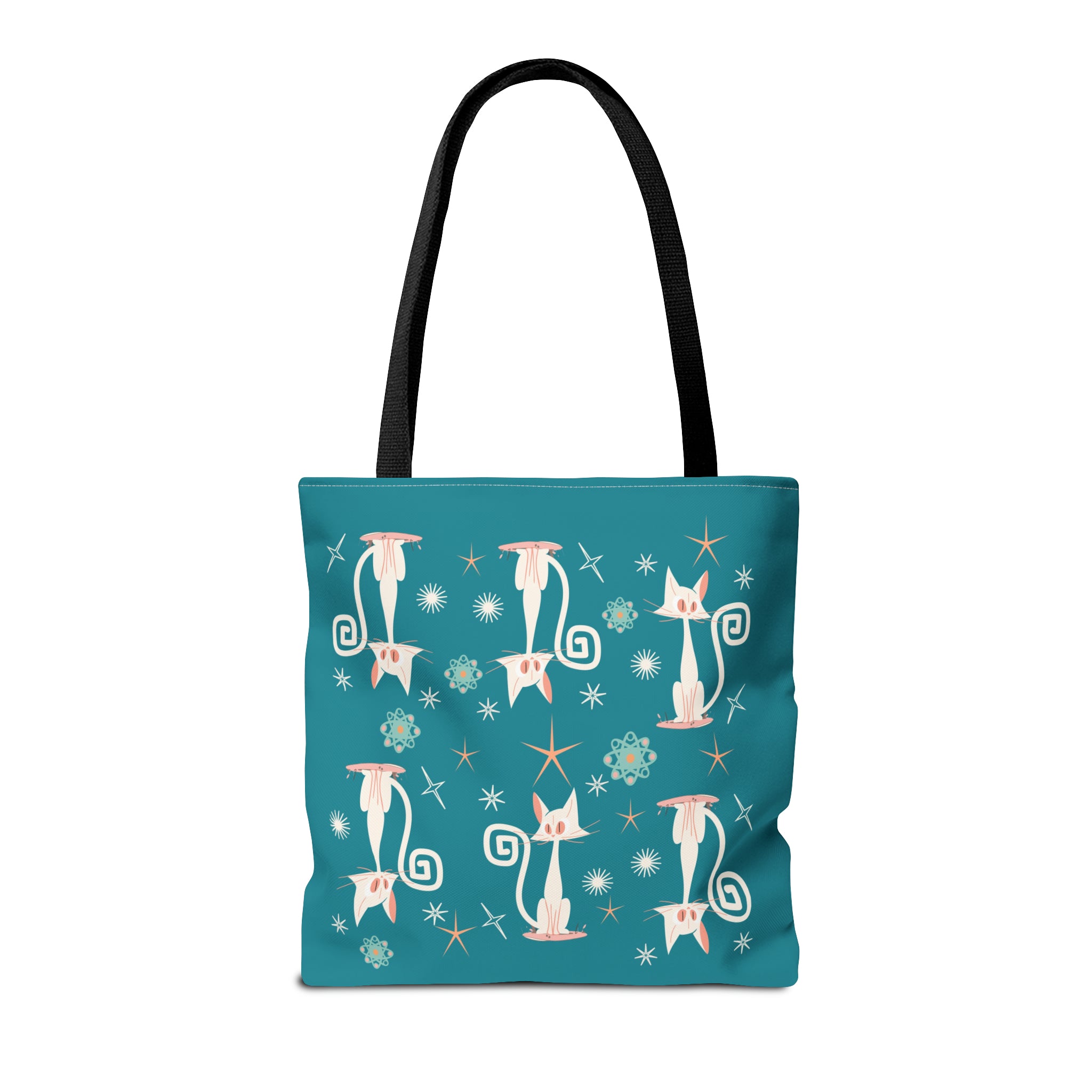 Atomic Kitties, White Kitschy Cats, Coral, Teal, Atomic Age Mid Century Modern Tote Bag - Mid Century Modern Gal