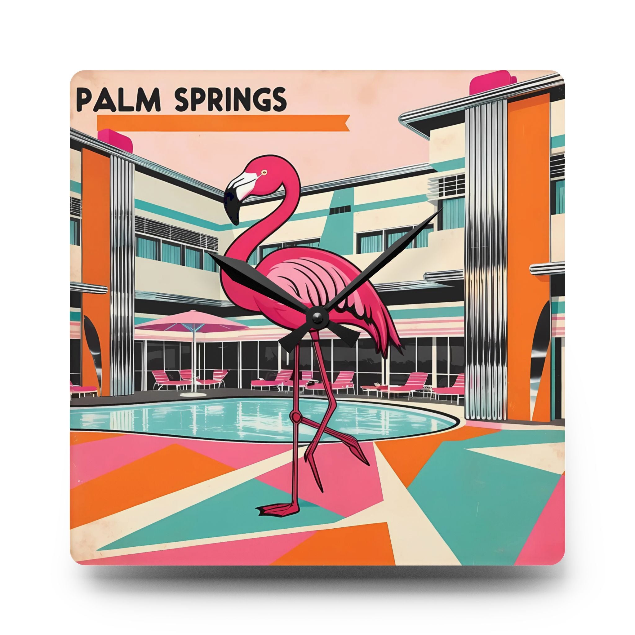 Retro Palm Springs Flamingo Wall Clock - Fun Home Decor for Beach Lovers, Gift for Housewarming, Summer Vibes - Mid Century Modern Gal
