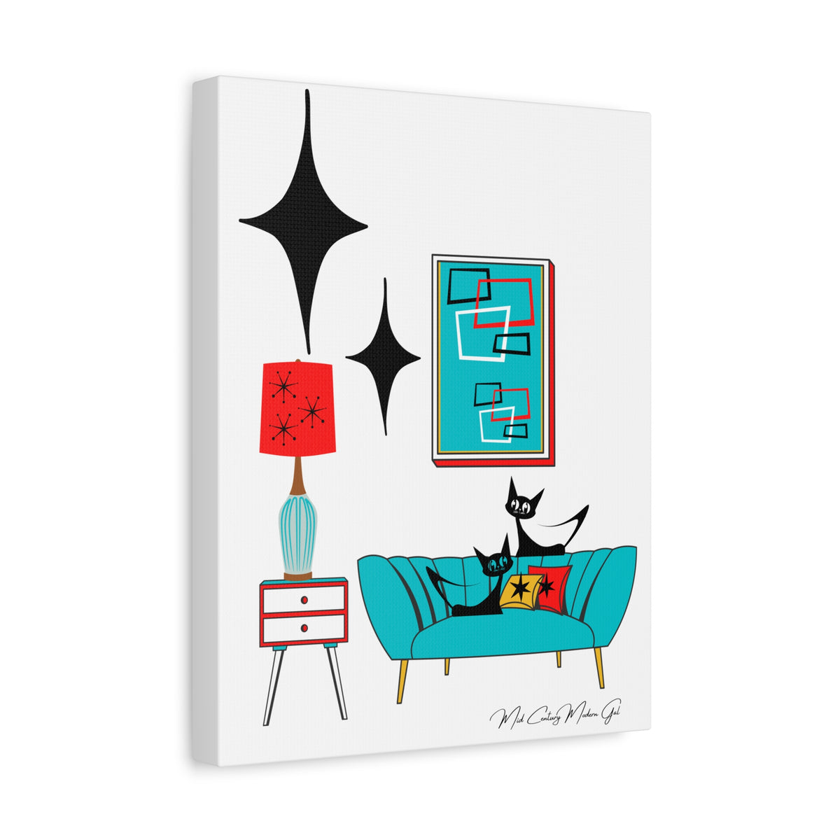 Mid Century Modern Wall Art, Atomic Cat Living Room Retro. Teal Blue, Red, Black Canvas Art - Mid Century Modern Gal