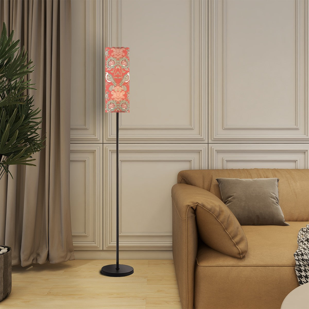 Chinoiserie Floral Botanicals, Coral Green Elegant Slim Modern Floor Lamp - Mid Century Modern Gal