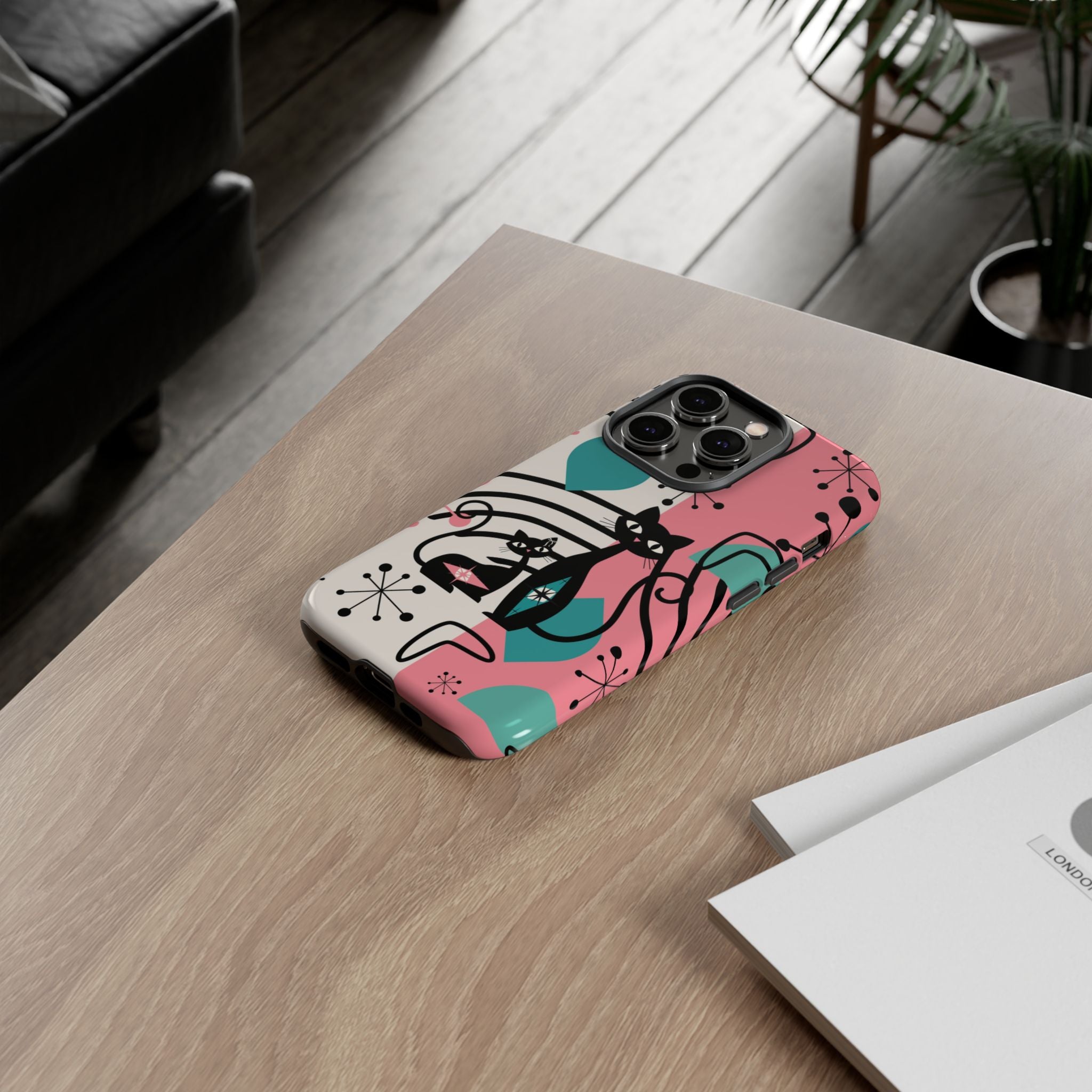 Mid Mod Atomic Cat Boomerang Starburst, Pink, Black Kitschy Stylish Cat Phone Case: Modern Design for Cat Lovers