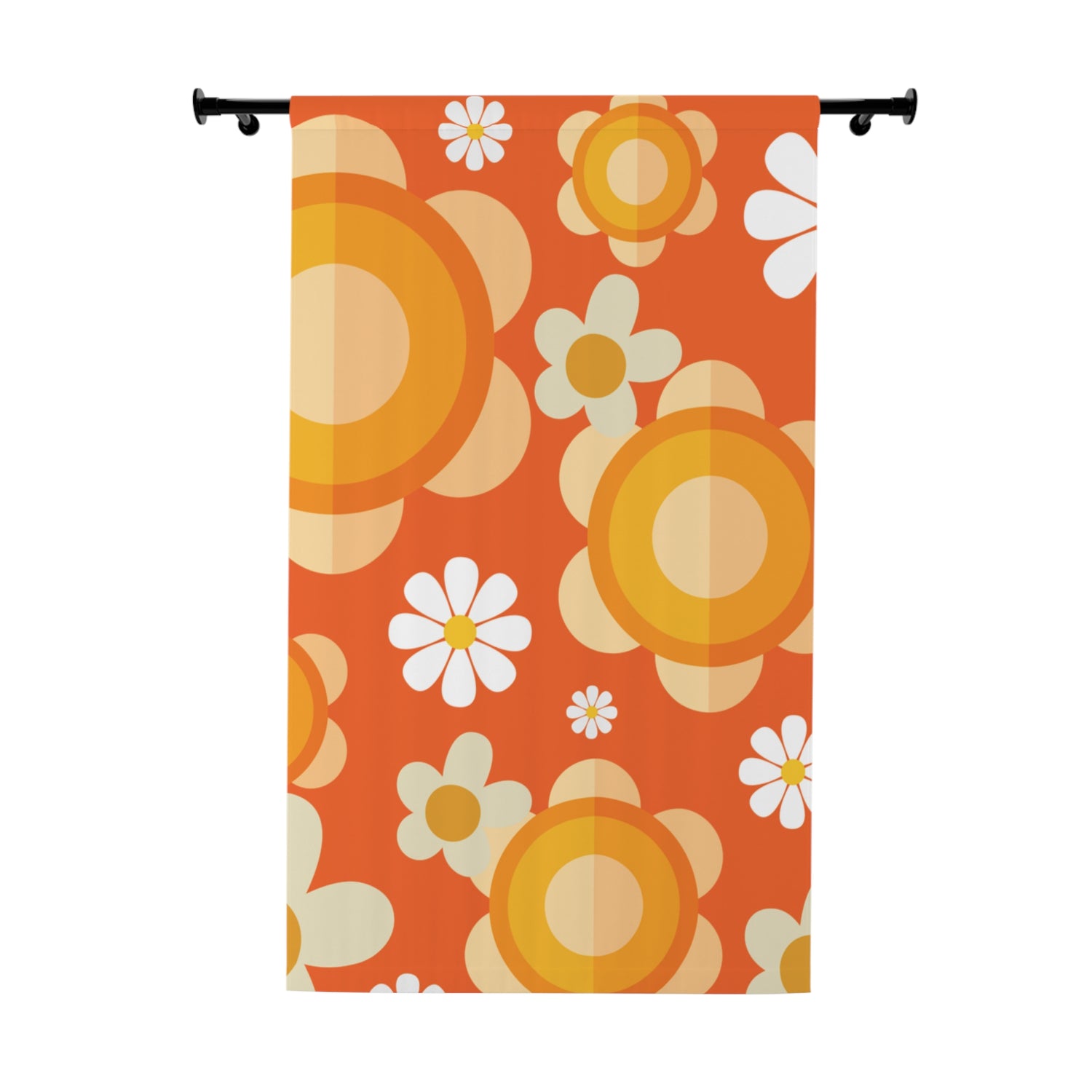 60s Vibes Flower Power Retro Window Curtain, Orange, Yellow, Mod Daisy Hippie Chick Decor - Mid Century Modern Gal