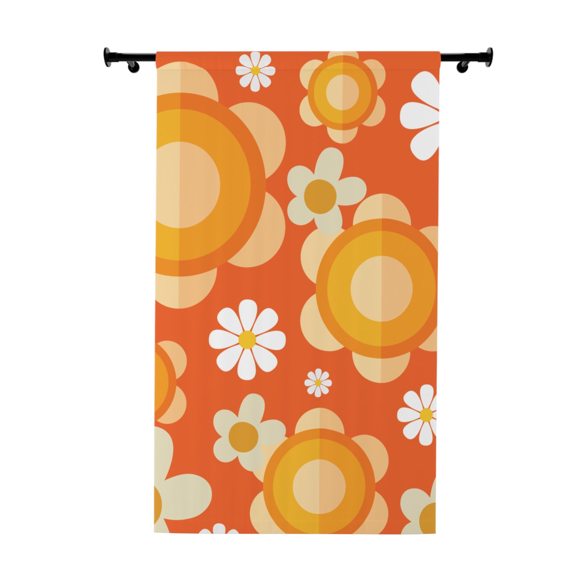 60s Vibes Flower Power Retro Window Curtain, Orange, Yellow, Mod Daisy Hippie Chick Decor - Mid Century Modern Gal