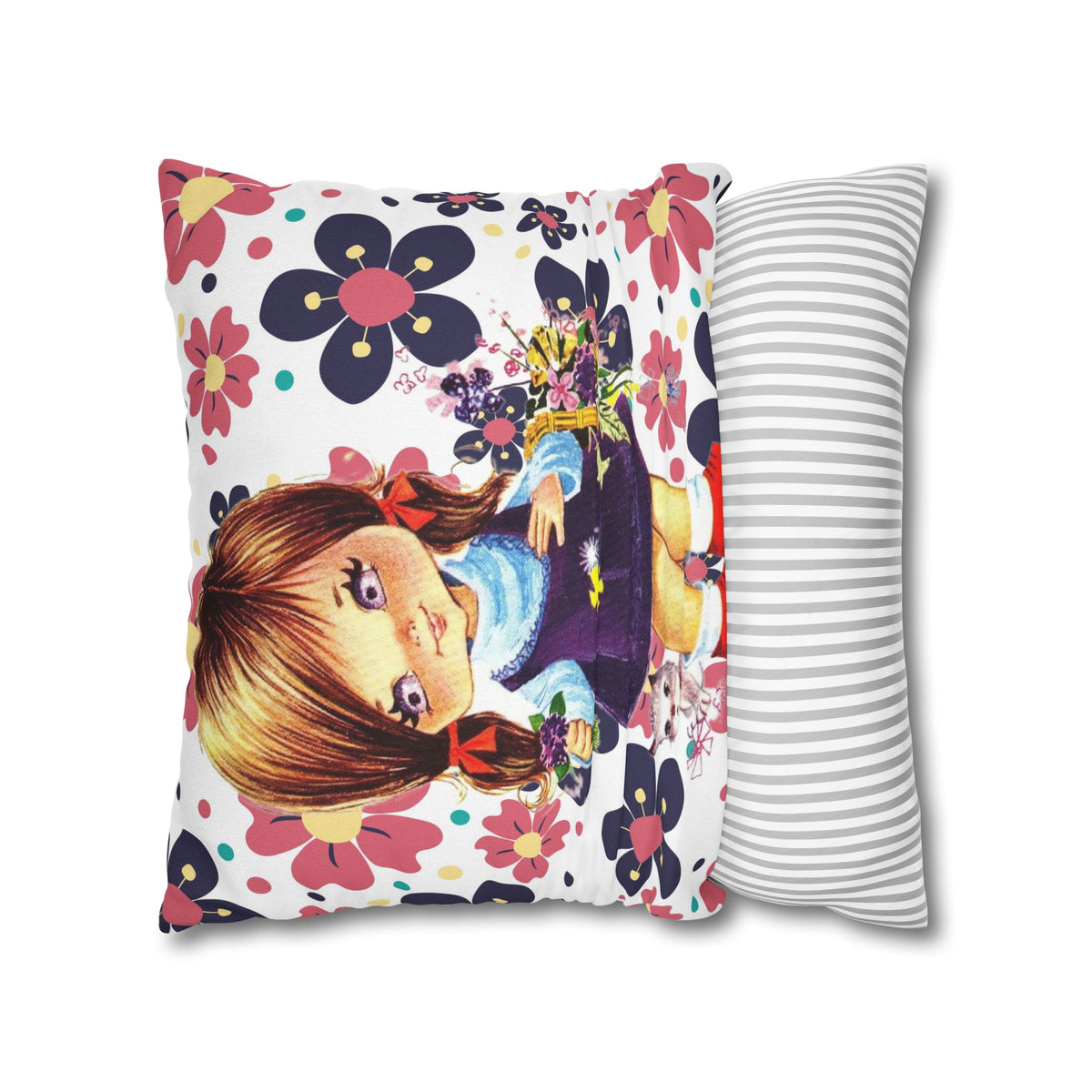 Vintage 60's Big Eyed Cute Girl, Violets, Flower Power, Groovy Hippie Vibes, Pillow COVER Only - Mid Century Modern Gal