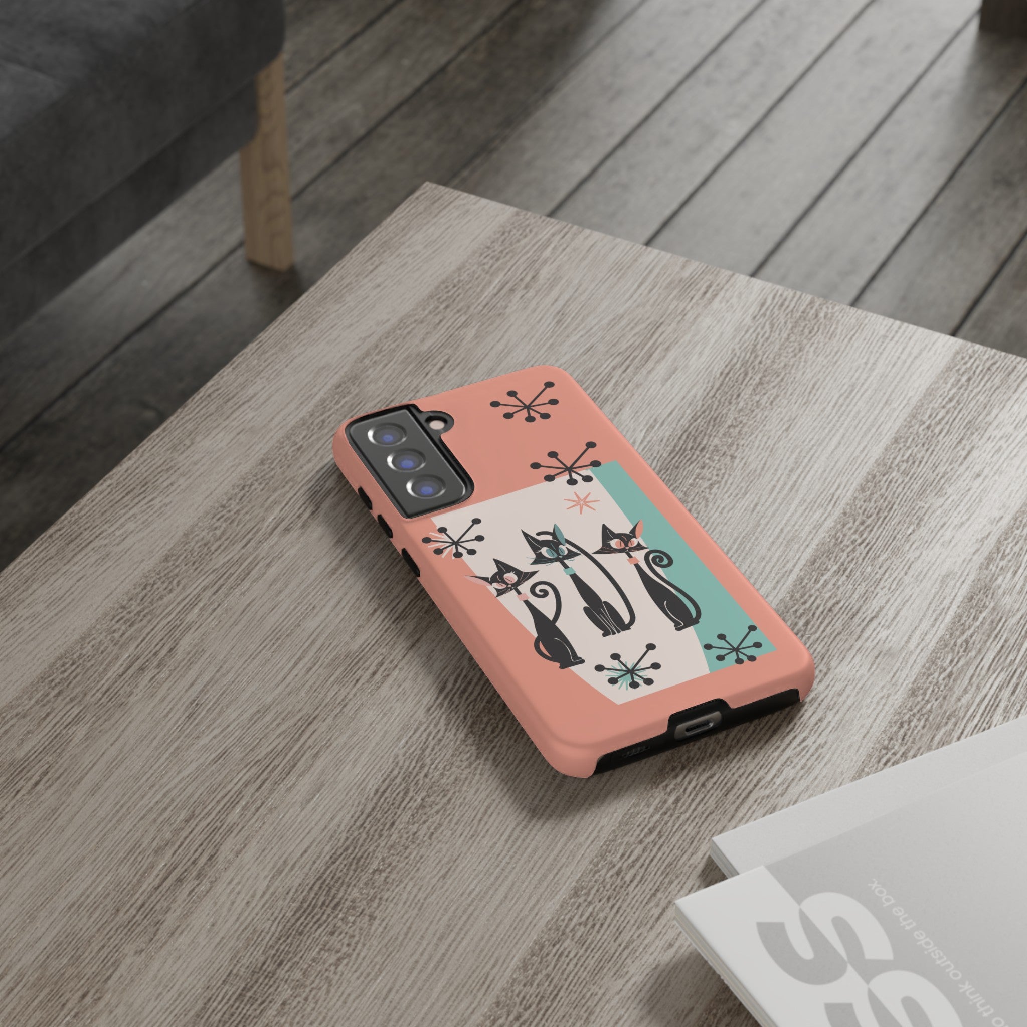 Atomic Cat Mid Mod Coral Aqua Blue Starburst Kitschy Fun Chic Samsung, Smart Phones Tough Cases - Mid Century Modern Gal