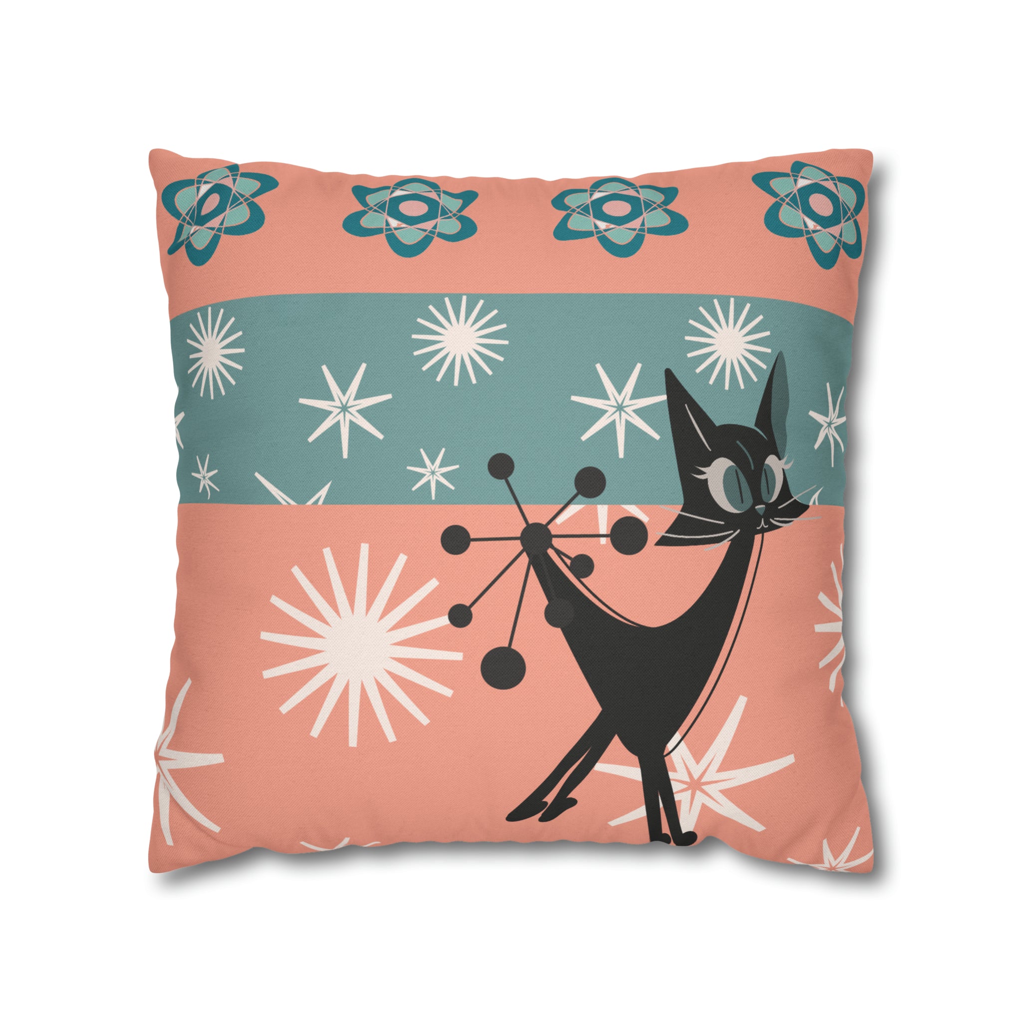 Atomic Kitschy Kittie, Black Cat Lover, Mid Century Modern Boomerang, Retro Coral, Teal, Starburst, 50s Pillow Case Cover - Mid Century Modern Gal