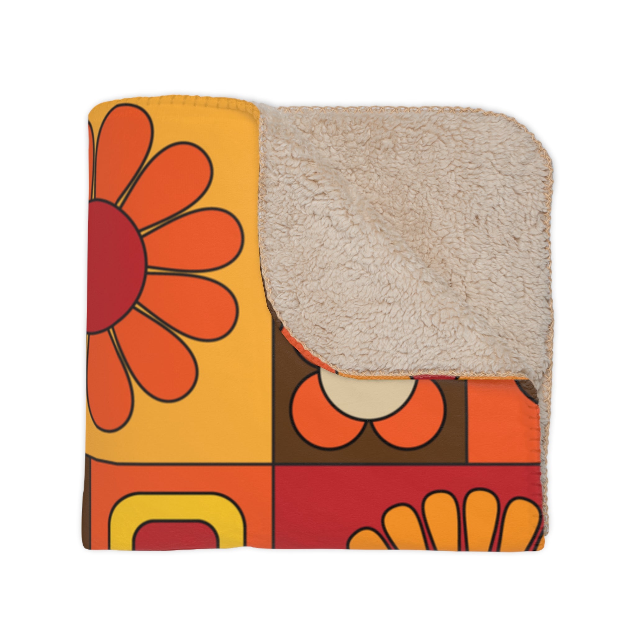 Retro Floral Boho Vibes, Orange, Yellow Brown Groovy Mod Tan Sherpa Blanket - Cozy Throw for Home Decor & Gifting - Mid Century Modern Gal