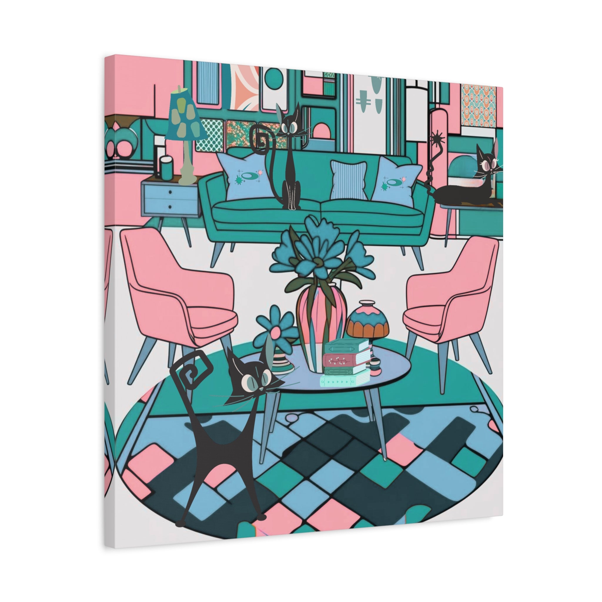 Atomic Cat Mid Century Modern Wall Art Colorful Cat-Themed Canvas Art - Mid Century Modern Gal