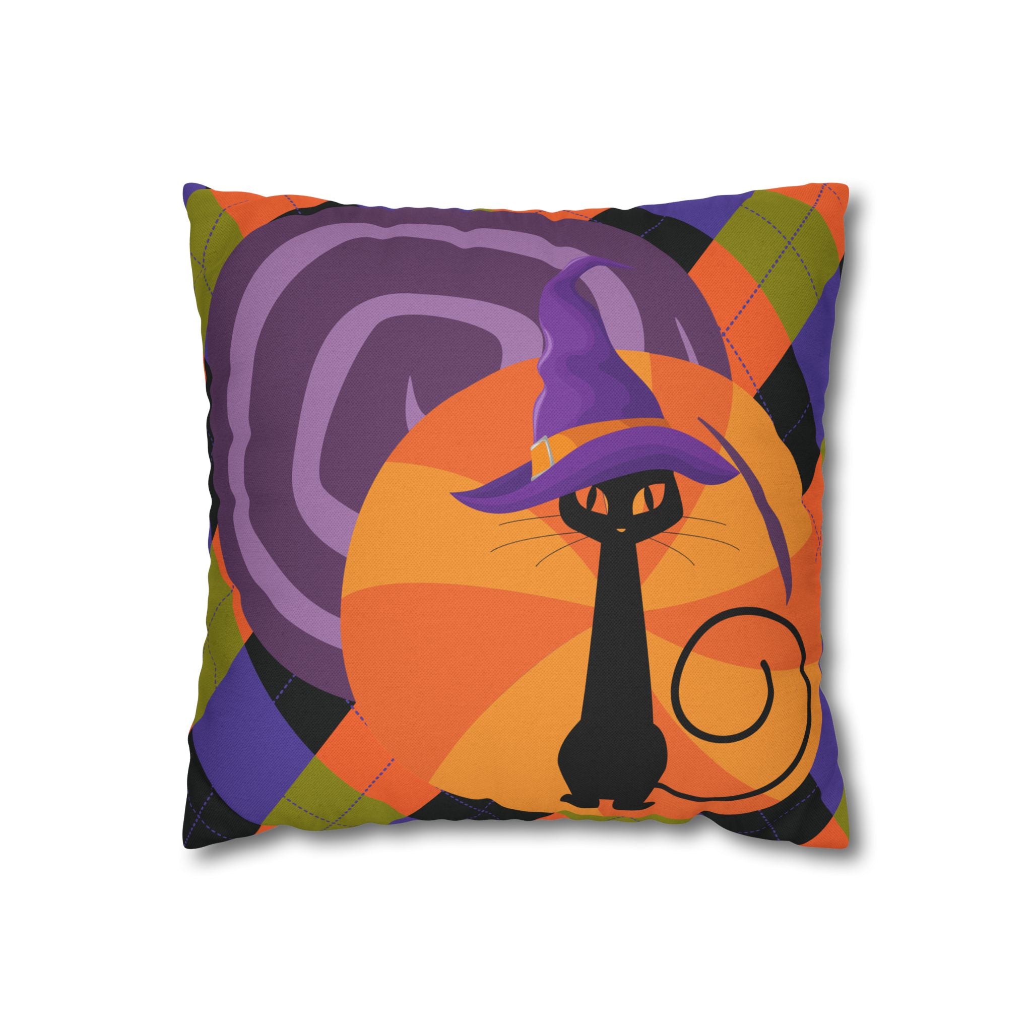 Atomic Cat Harlequin Pattern Orange Purple Black, Kitschy Halloween Pillow Cover - Mid Century Modern Gal