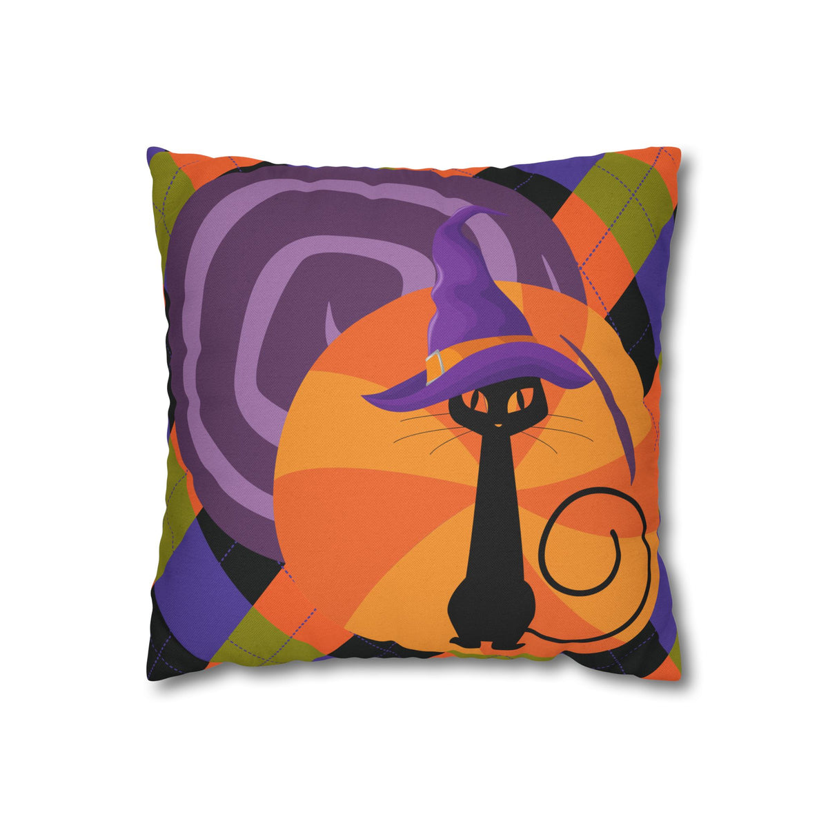 Atomic Cat Harlequin Pattern Orange Purple Black, Kitschy Halloween Pillow Cover - Mid Century Modern Gal