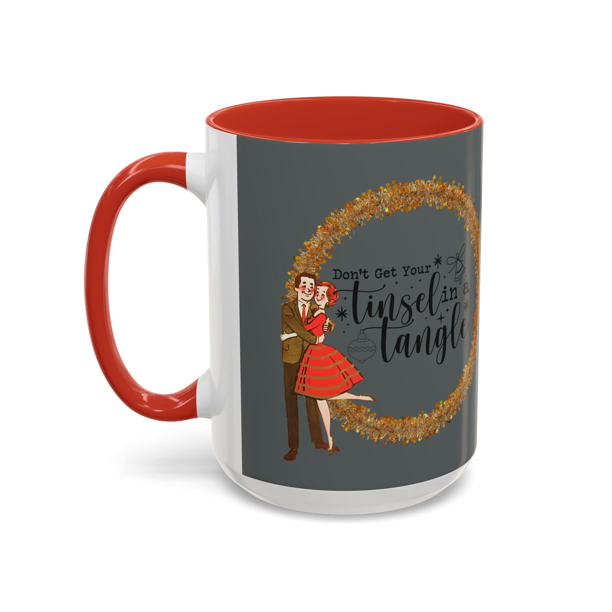 Vintage 50s kitschy Christmas mug featuring a couple dancing with the phrase "Don't Get Your Tinsel In A Tangle" in festive design.