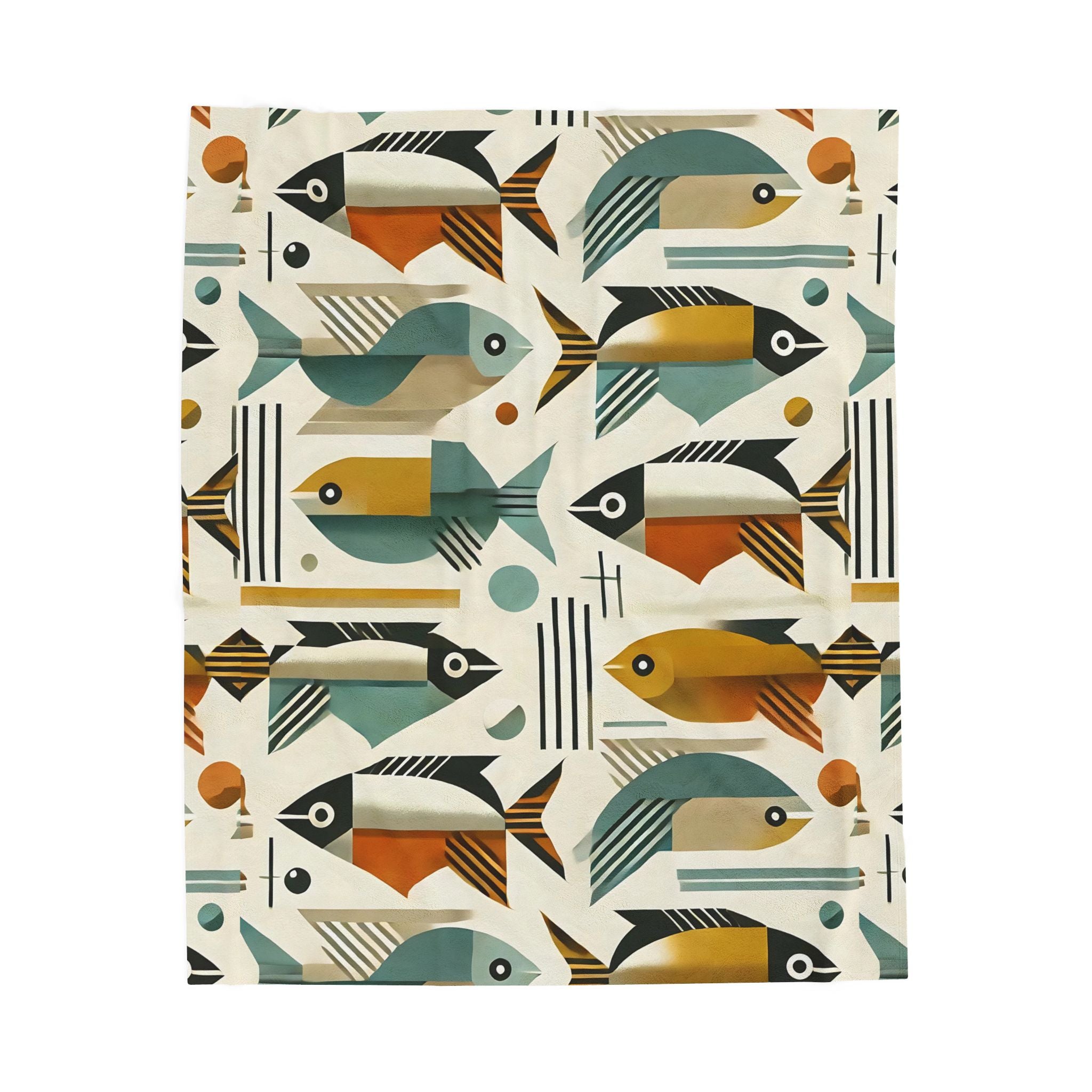 Mid Century Modern Bauhaus Colorful Fish Pattern Plush Blanket for Cozy Living Spaces - Mid Century Modern Gal