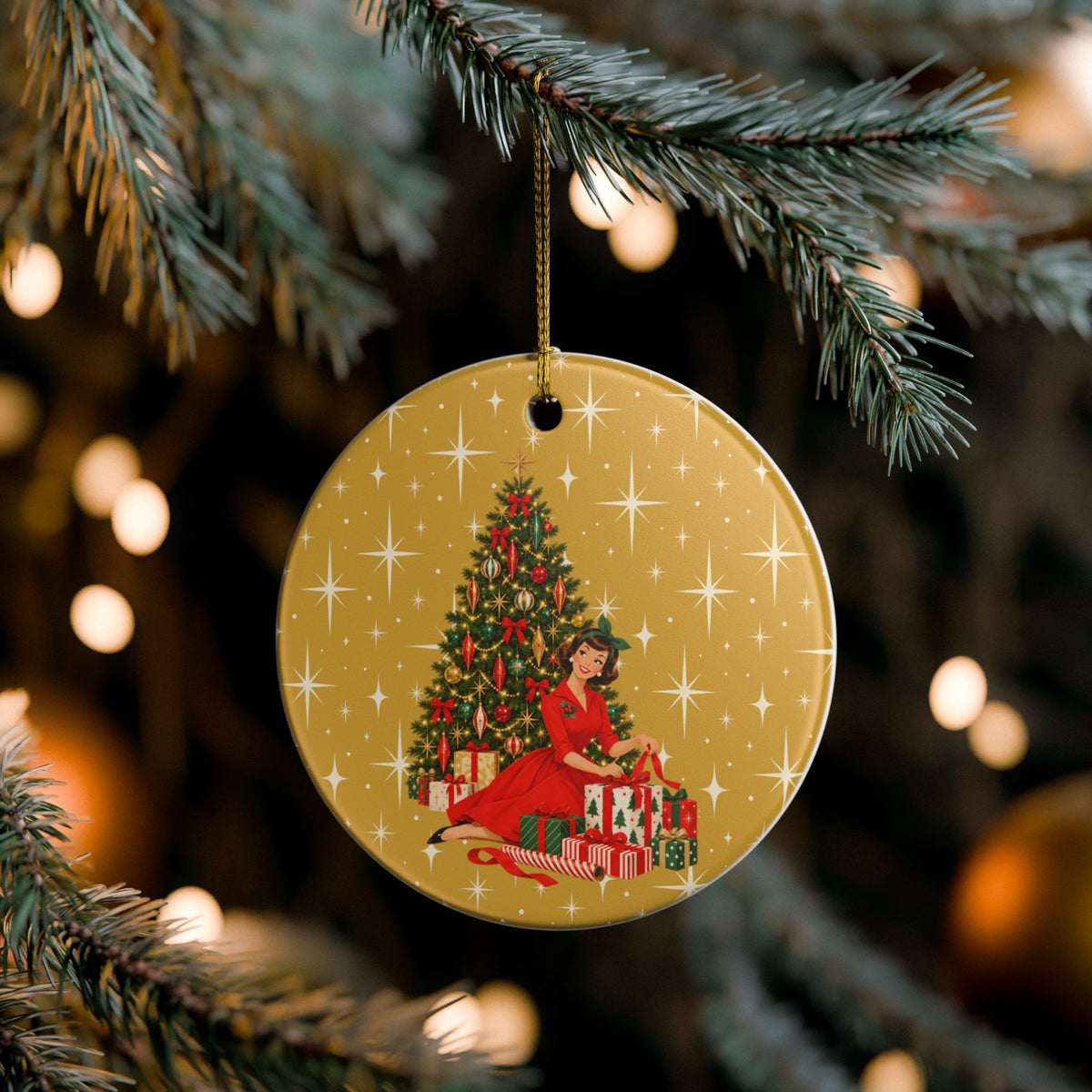 Mid Century Modern Christmas Glamour Gal Wrapping Presents by Tree, Gold Atomic Starbursts Ceramic Christmas Tree Ornament