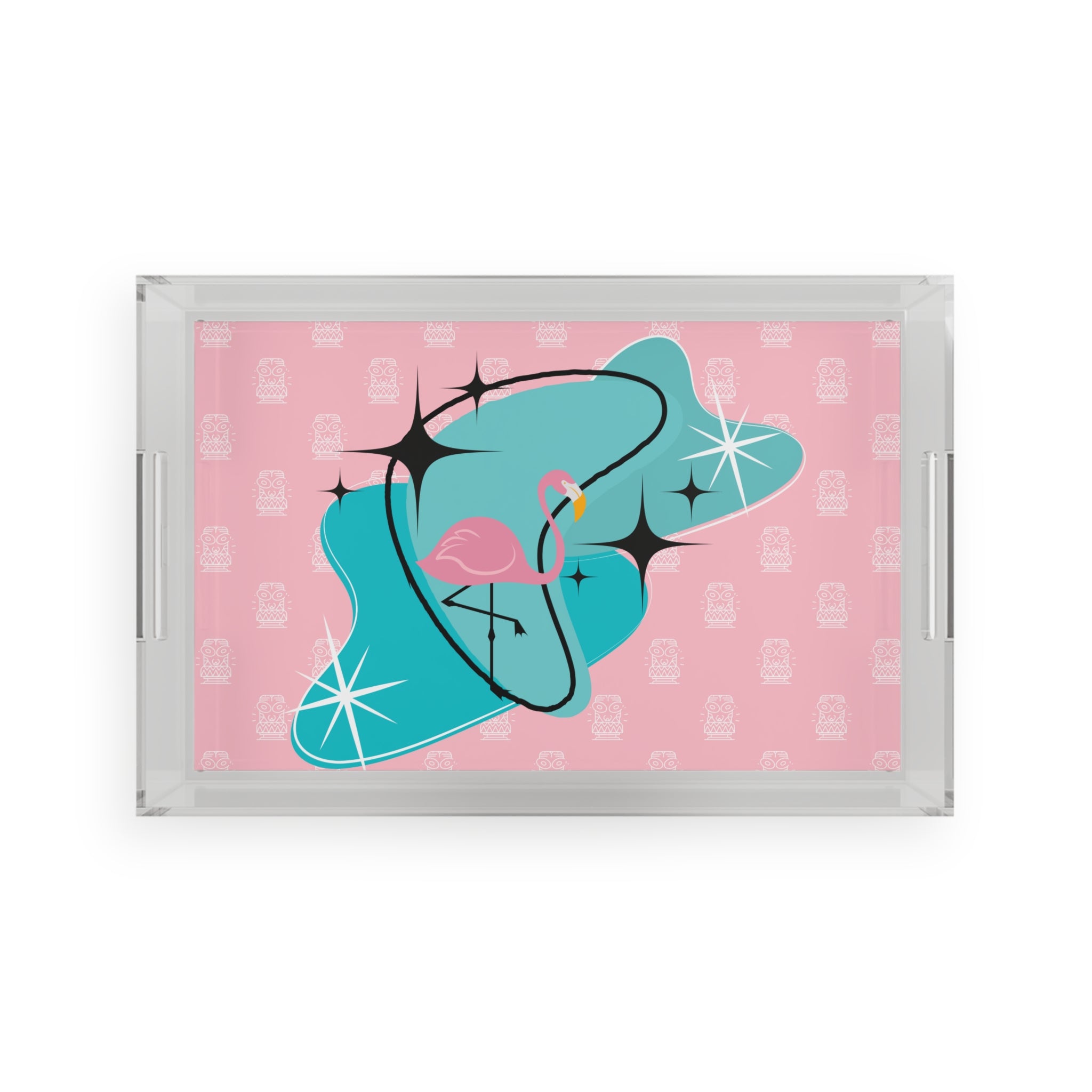 Pink Flamingo, Retro Tiki Pink, Aqua Blue Ottomon Acrylic Serving Tray - Mid Century Modern Gal