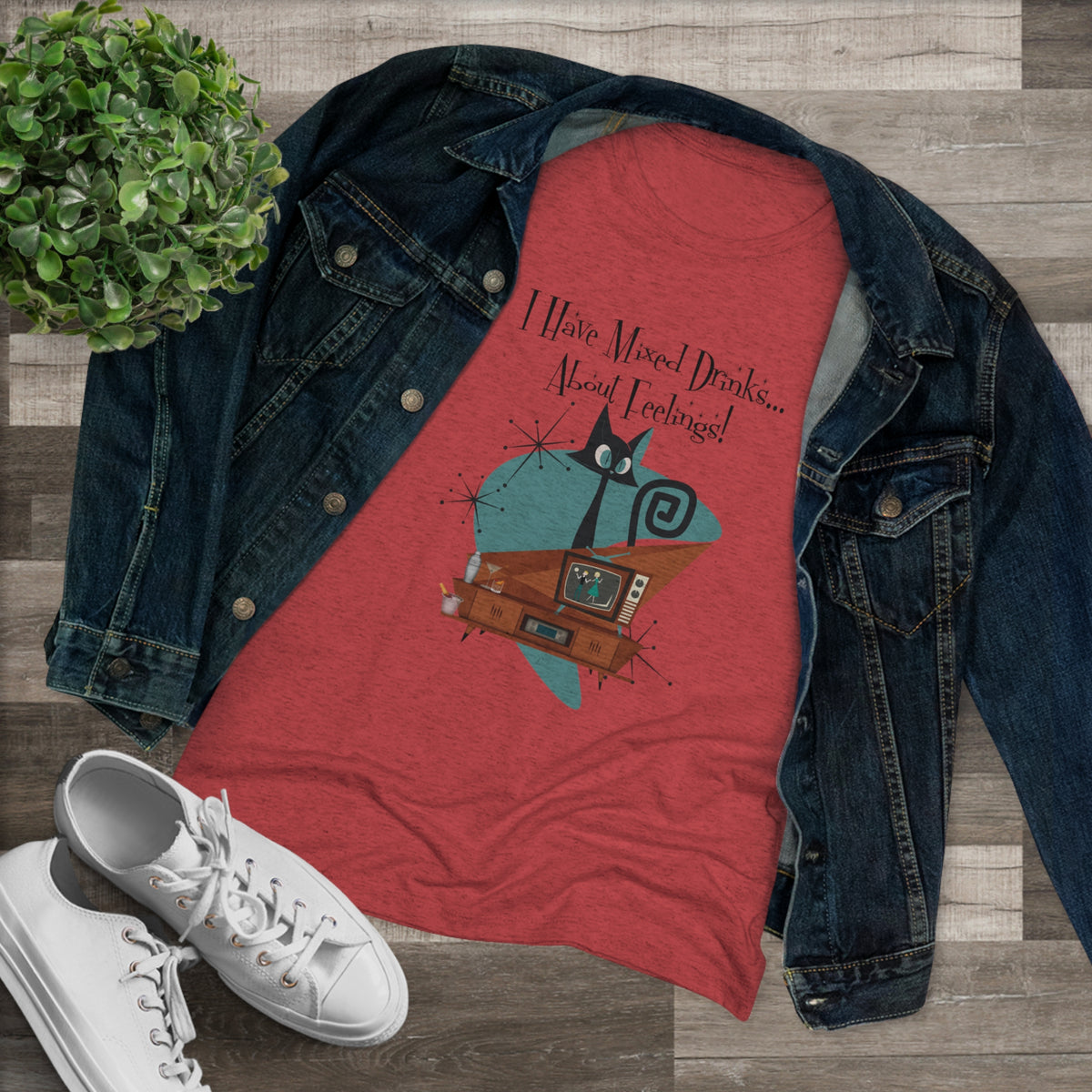 Atomic Kitschy Cat, Funny Cocktail Tee, Mid Century Modern Style Women's Triblend Tee - Mid Century Modern Gal