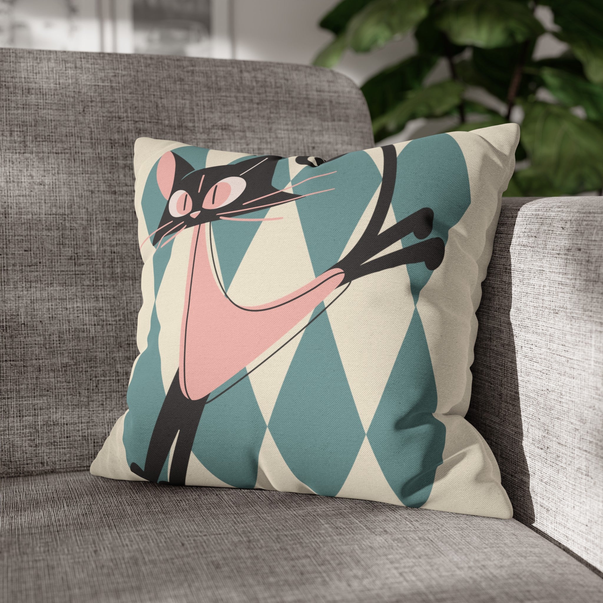 Atomic Kittie, Boomerang Mid Mod Atomic Cat, Harlequin Diamond Kitschy Pillow Cover - Mid Century Modern Gal