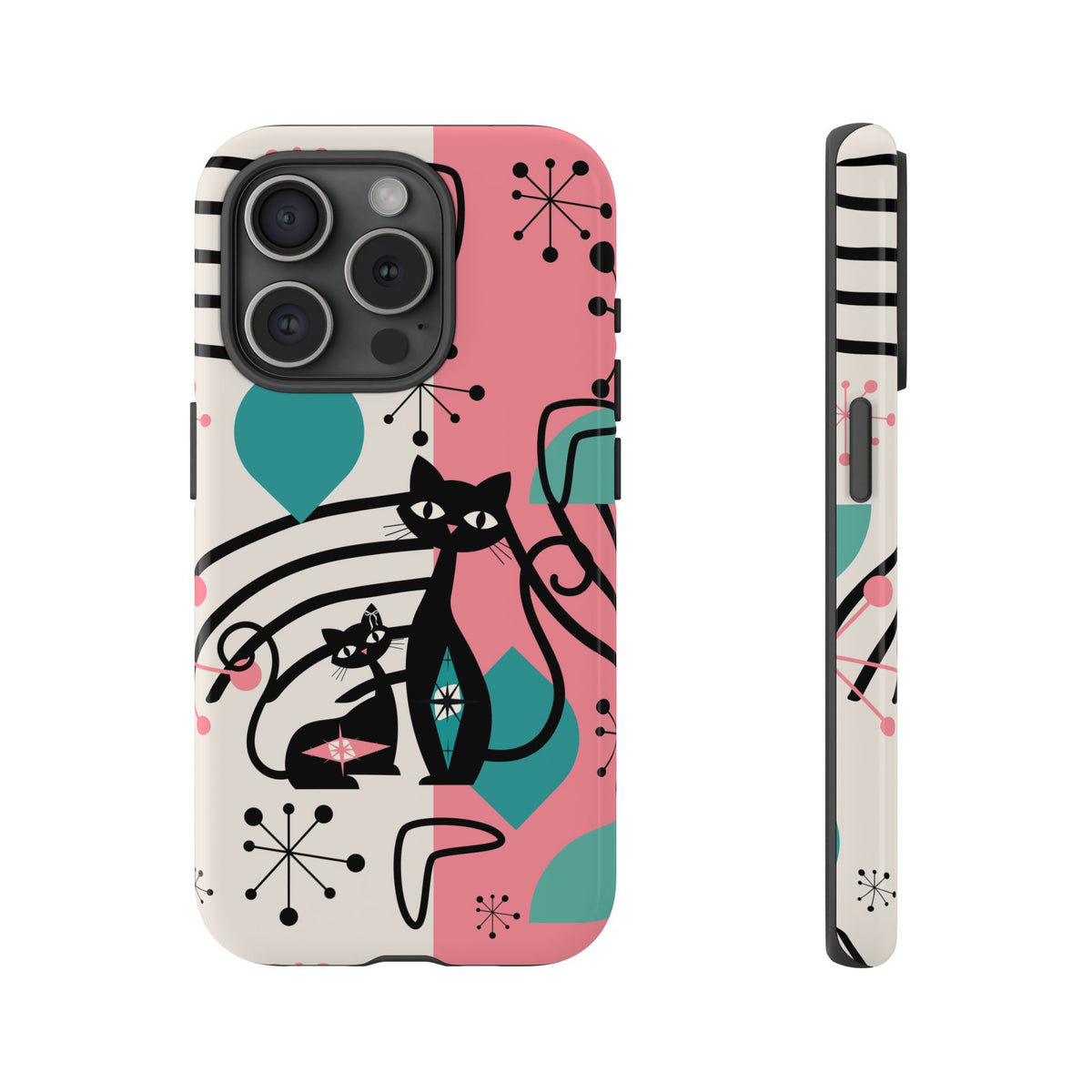 Mid Mod Atomic Cat Boomerang Starburst, Pink, Black Kitschy Stylish Cat Phone Case: Modern Design for Cat Lovers - Mid Century Modern Gal