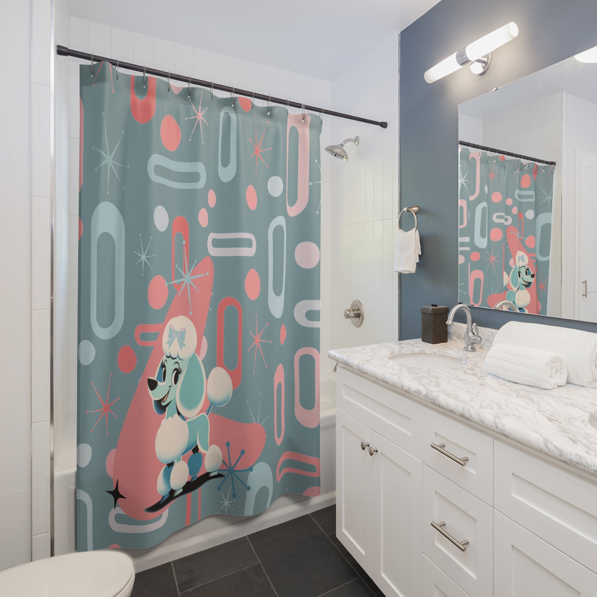 Mid Century Modern Atomic 50s Kitschy Cute Poodle Retro Shower Curtain - Mid Century Modern Gal