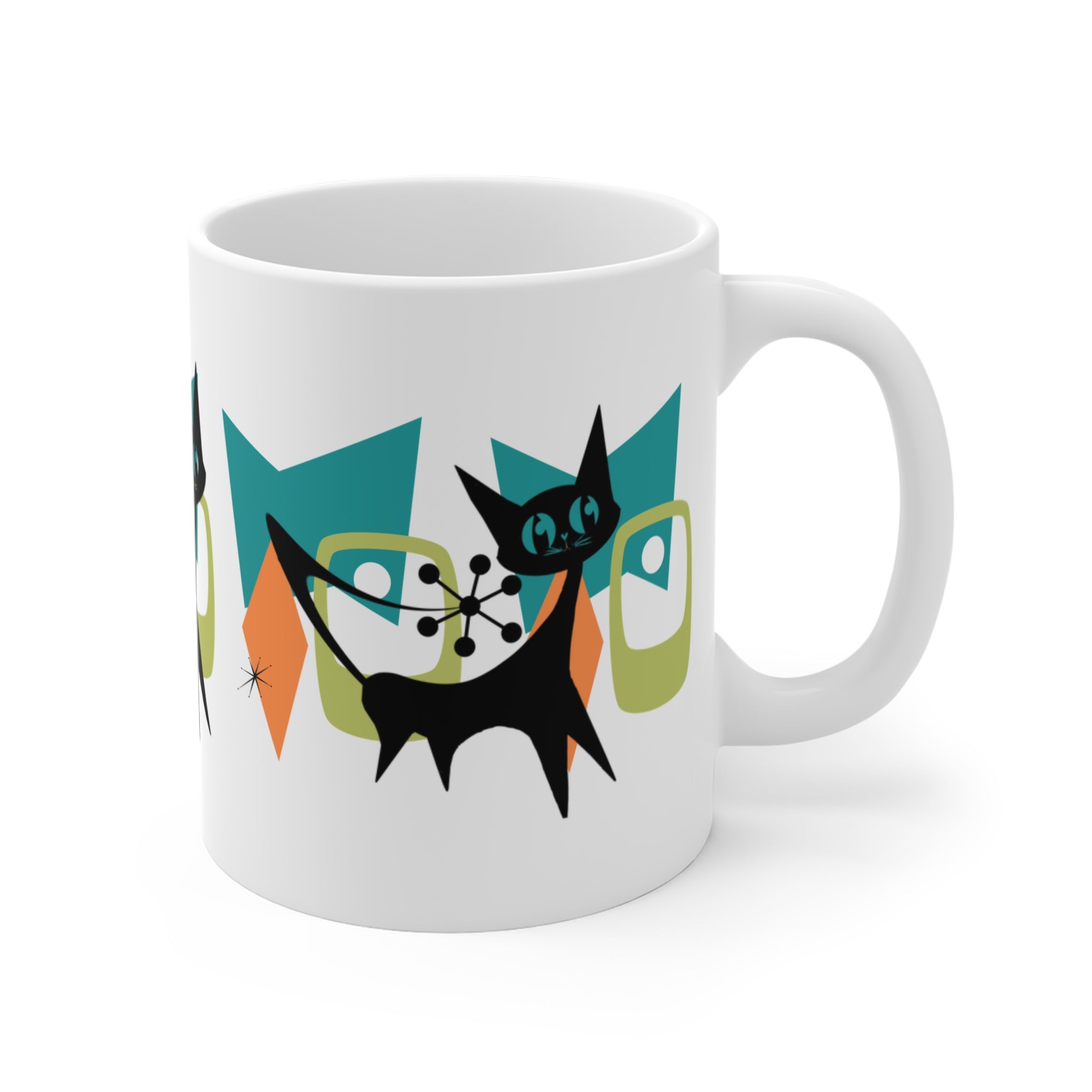 Atomic Cat Mid Century Modern Whimsical Cat Graphic Mug - 11oz Coffee Cup for Cat Lovers - Mid Century Modern Gal