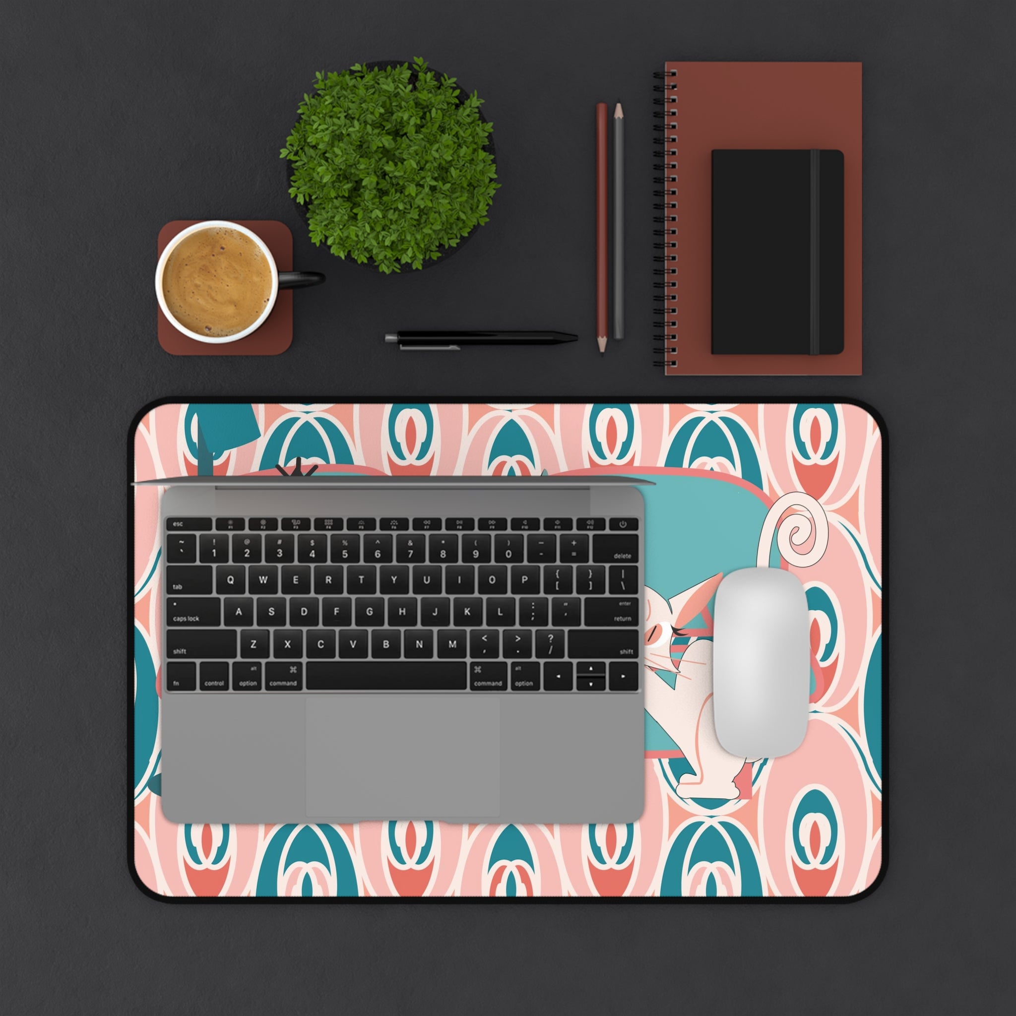 Mid Century Modern Atomic Cat Desk Mat, Pink, Teal, Cute And Kitschy Retro Office Decor - Mid Century Modern Gal
