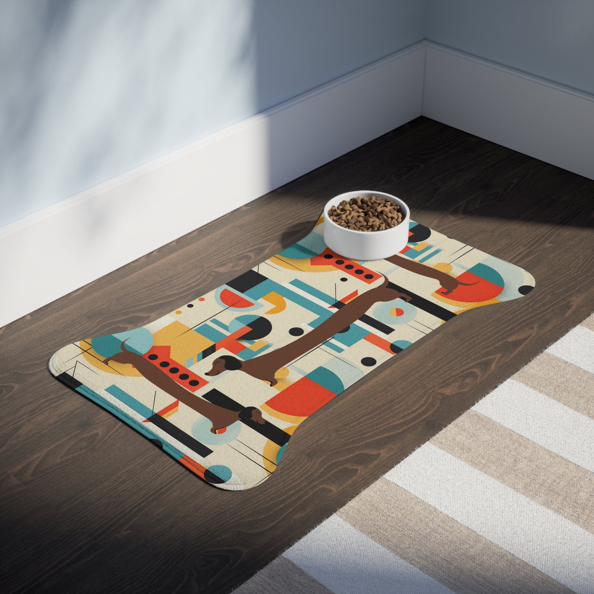 Doxie Dog, Wiener Dog Lover, Mid Mod Bauhaus Designed Pet Feeding Mats - Mid Century Modern Gal