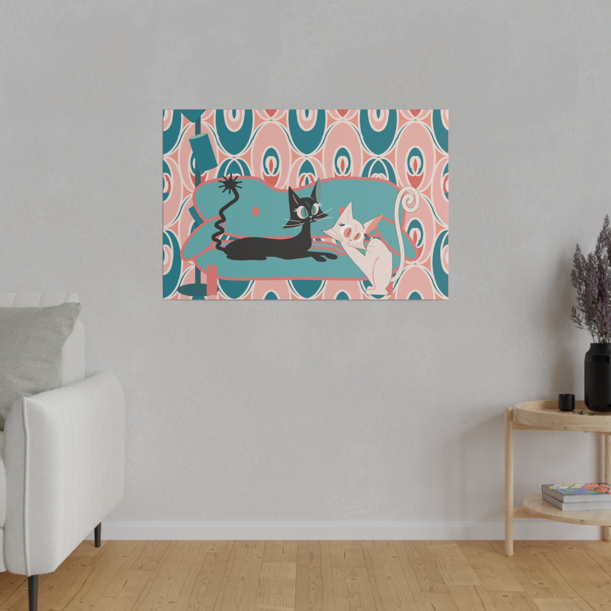 Atomic Cat Wall Art, Teak, Pink, Mid Century Modern Wall Art - Mid Century Modern Gal
