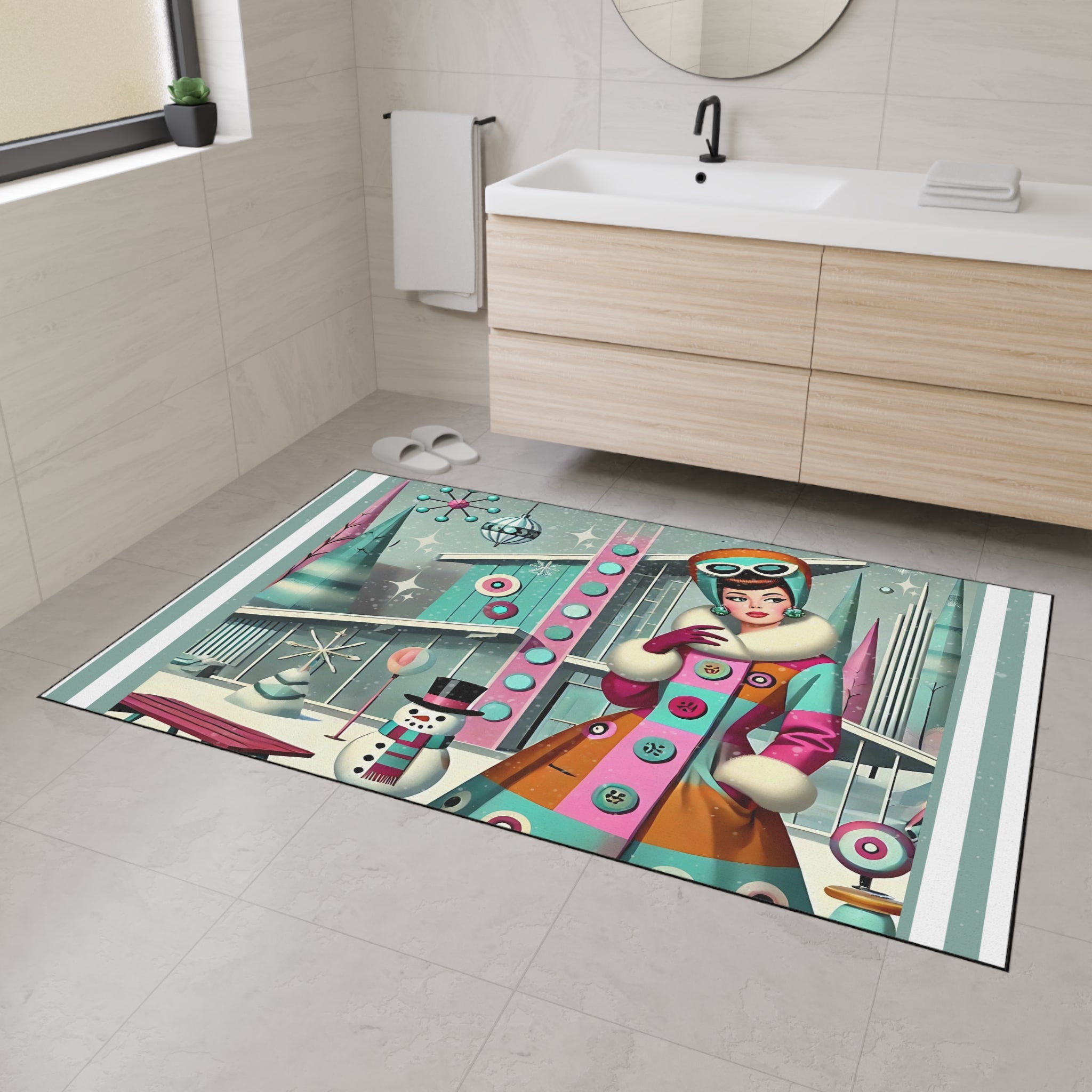 Vintage Mod Gal Retro Holiday Heavy Duty Floor Mat with Winter Scene Design - Mid Century Modern Gal
