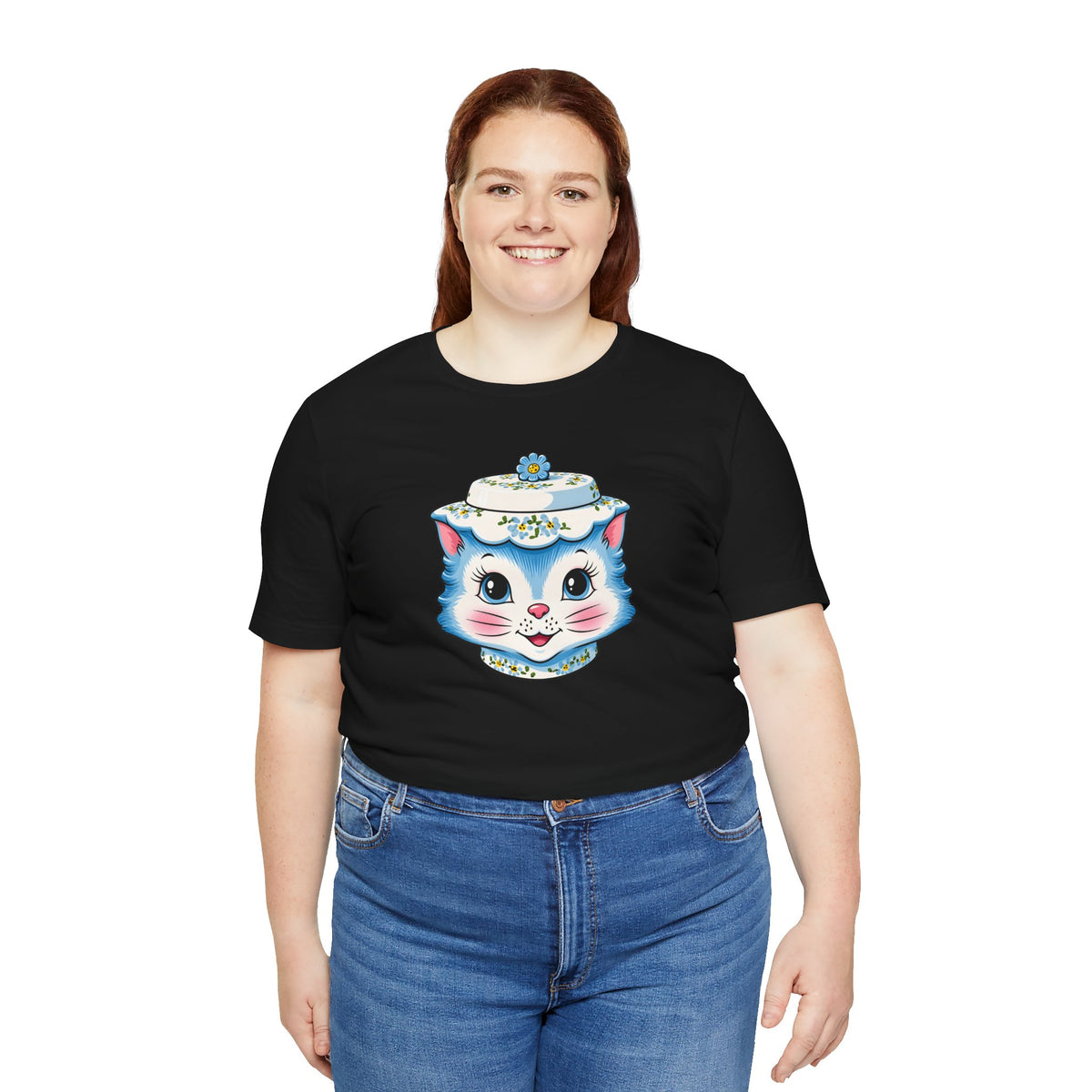Mid Century Modern Kitschy Anthropomorphic Blue Cat with Floral Hat Unisex T-Shirt