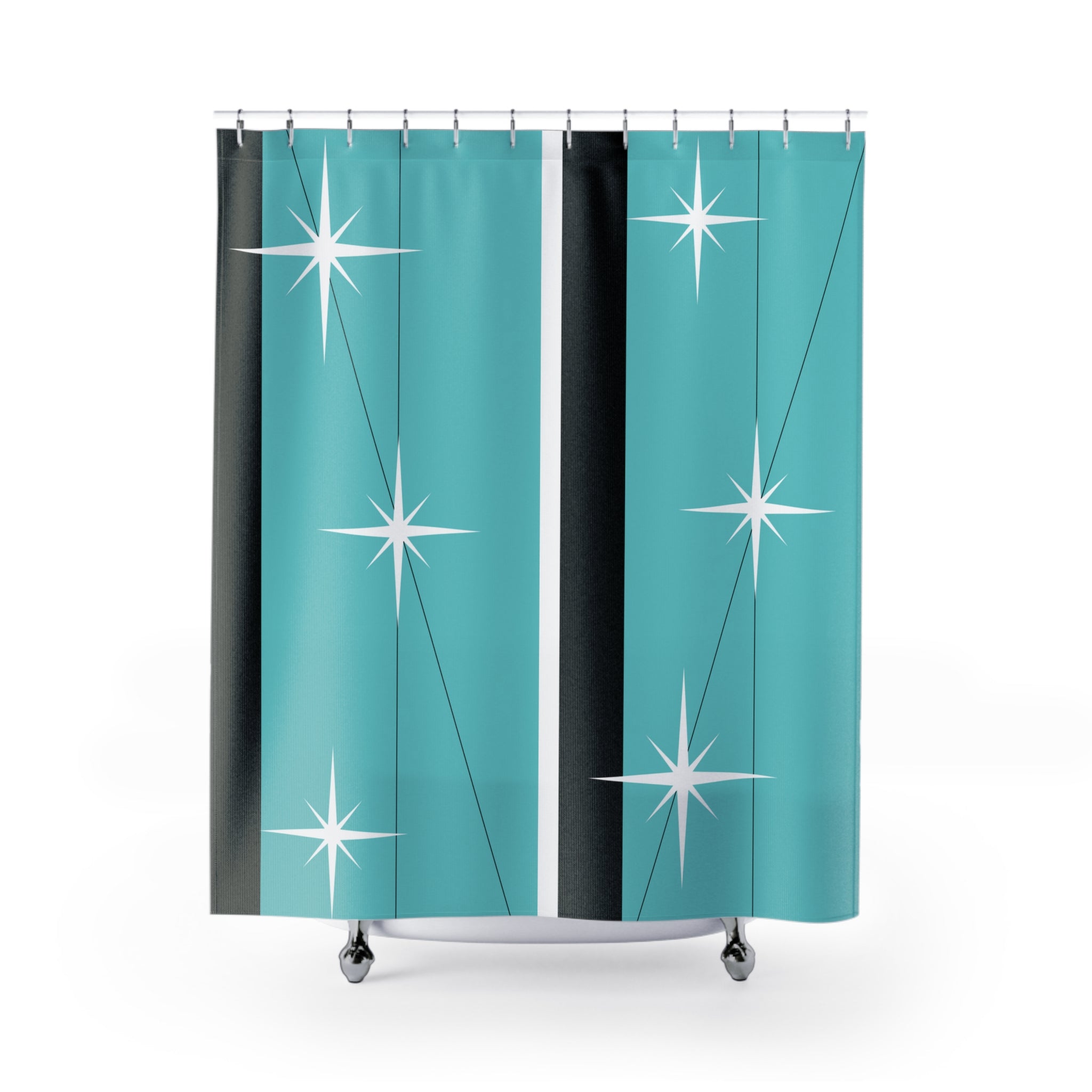 Mid Century Modern Shower Curtain, Black, Aqua, White, Starburst Retro MCM Shower Curtain - Mid Century Modern Gal