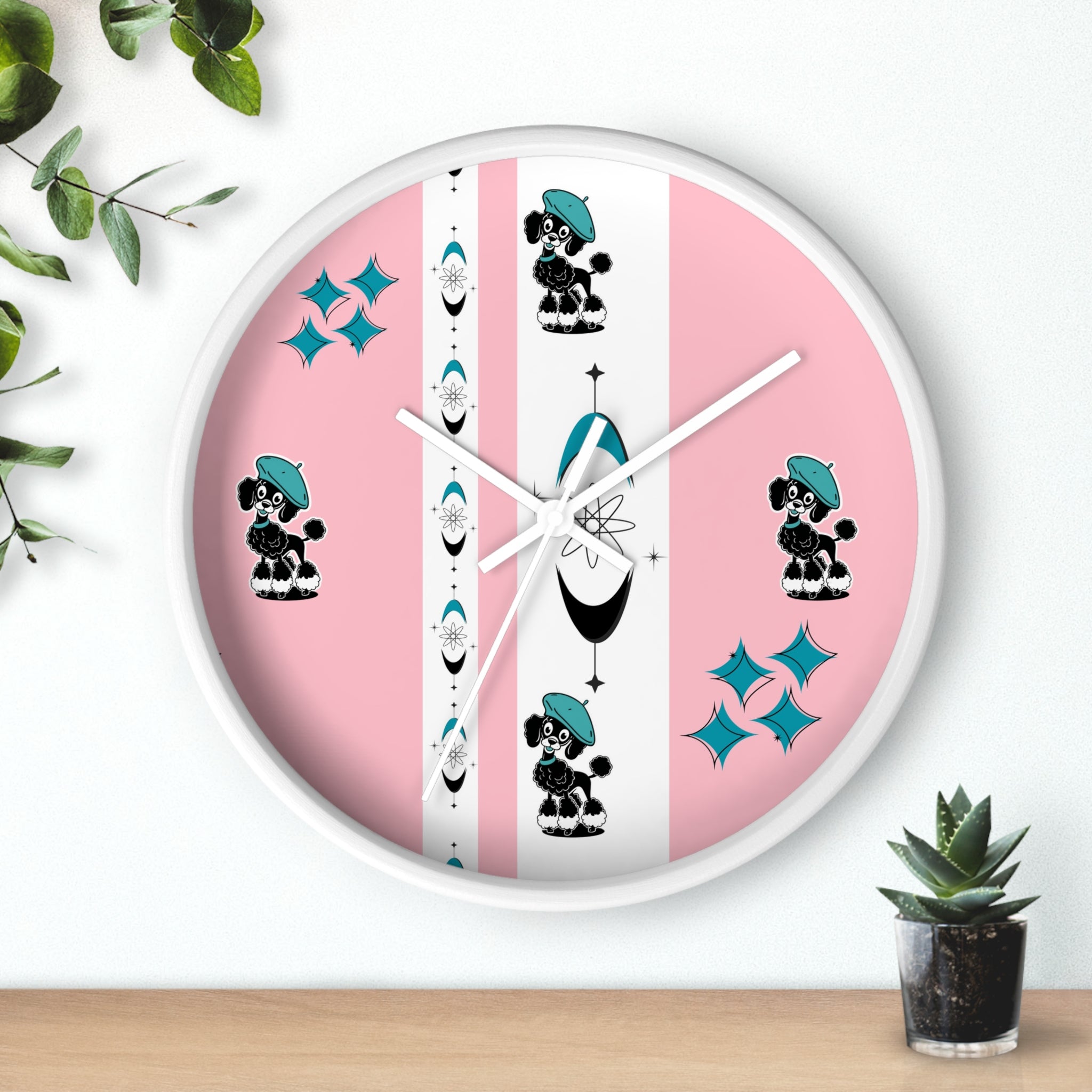 Mid Century Modern Atomic Pink Starburst Wall Clock with Cute Retro Mod Poodle Design - Mid Century Modern Gal