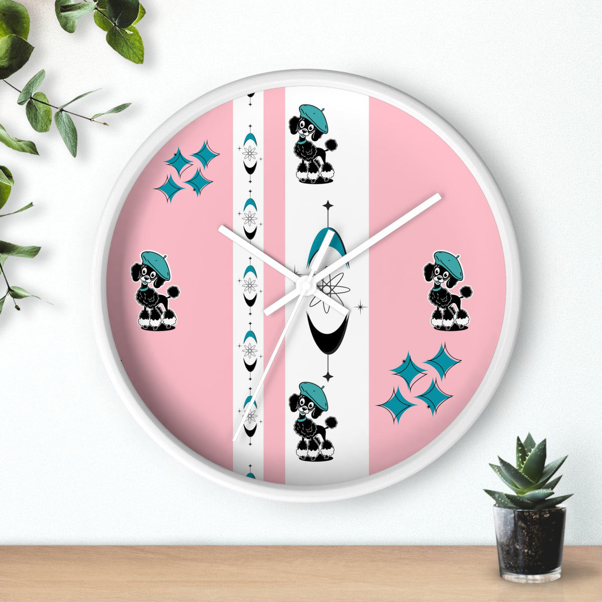 Mid Century Modern Atomic Pink Starburst Wall Clock with Cute Retro Mod Poodle Design - Mid Century Modern Gal