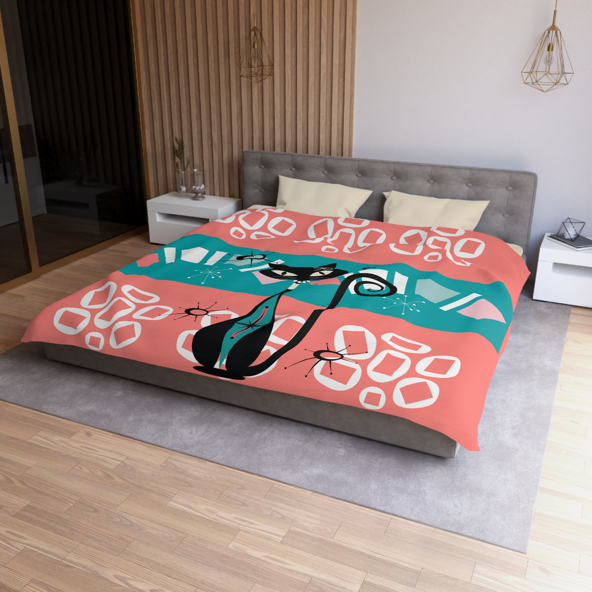 Mid Century Modern Atomic Cat, Coral, Teal, White Kitschy Funky Mod Duvet - Mid Century Modern Gal