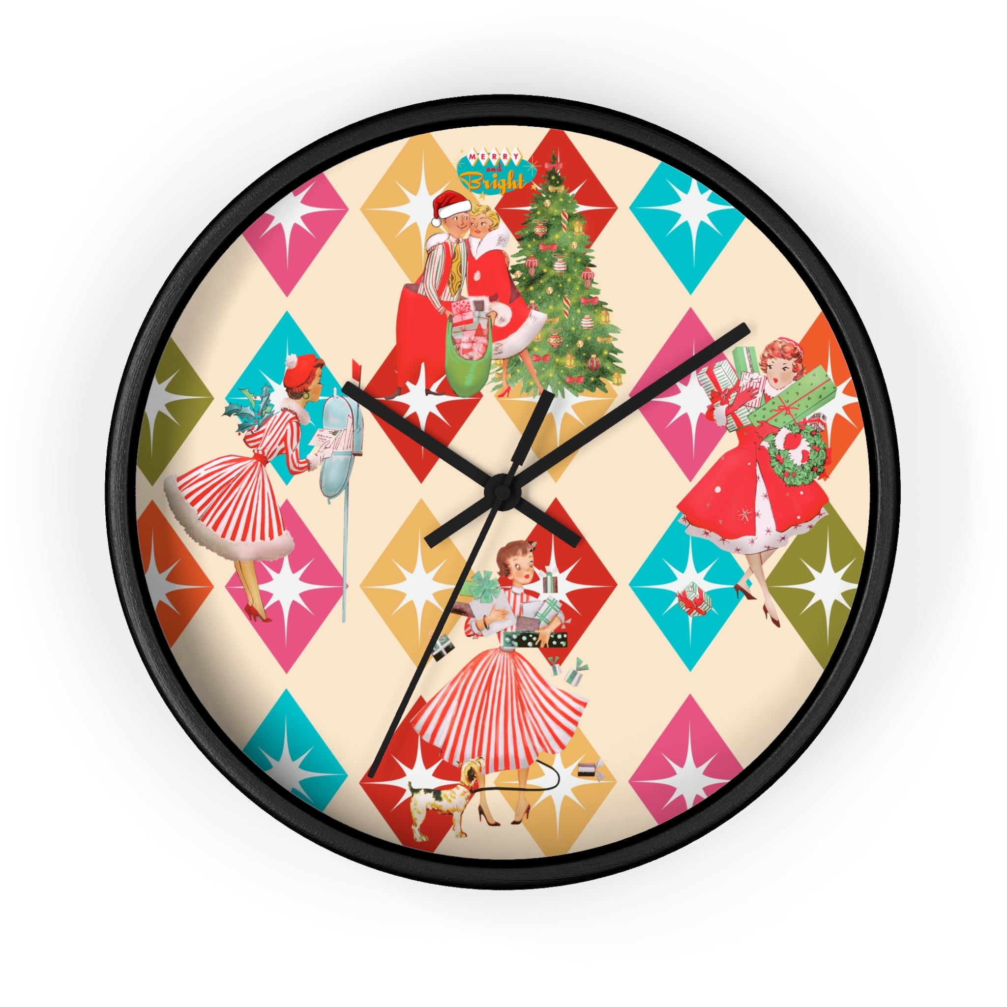 Holiday Retro Vintage Christmas Kitsch, Mid Century Modern Christmas Card Fun Kitschy 50s X-mas Wall Clock - Mid Century Modern Gal