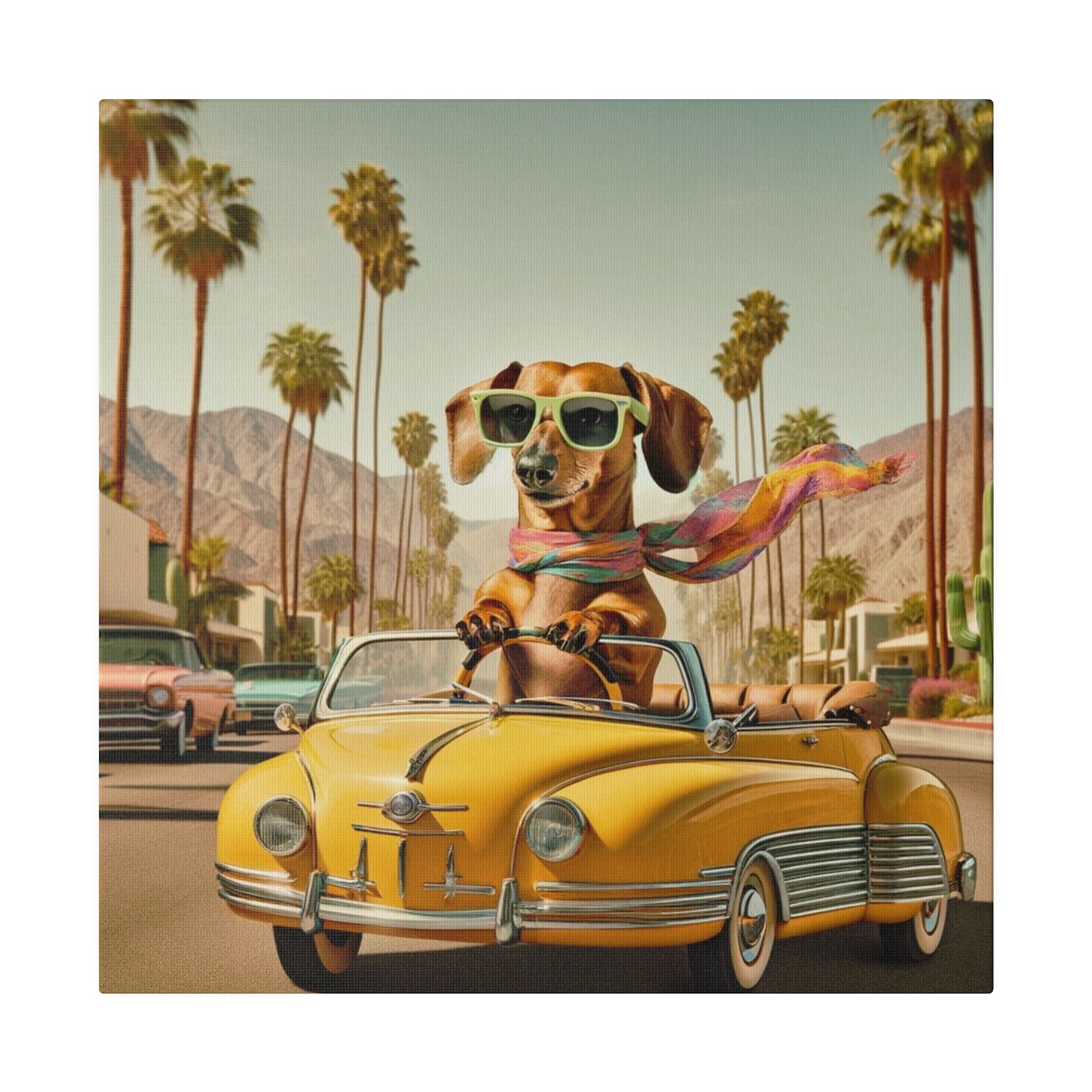 Funny Doxie Dachshund Palm Spring California Driving 50s Inspired Kitschy Wall Art - Mid Century Modern Gal