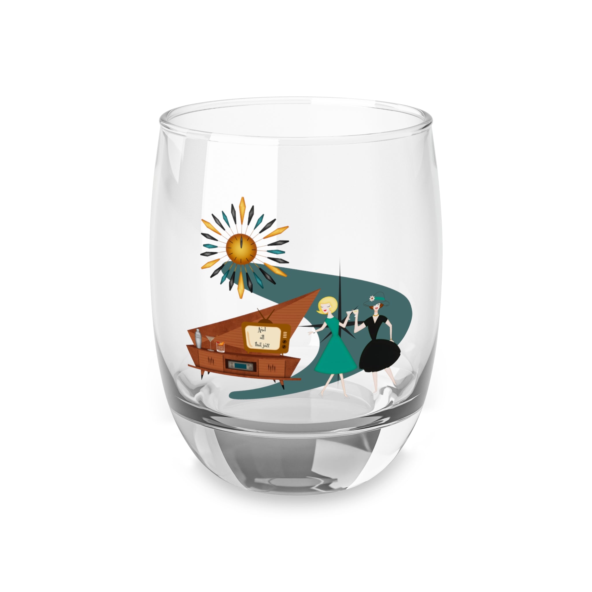 Mid Century Modern Gay Lesbian Couple, Bestie Friends Kitschy Fun Whiskey Glass - Mid Century Modern Gal