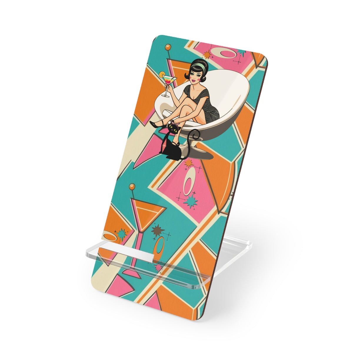 Vintage Chic Mid Mod Gal Mobile Display Stand for Smartphones - Retro Style with Cocktail Design - Mid Century Modern Gal