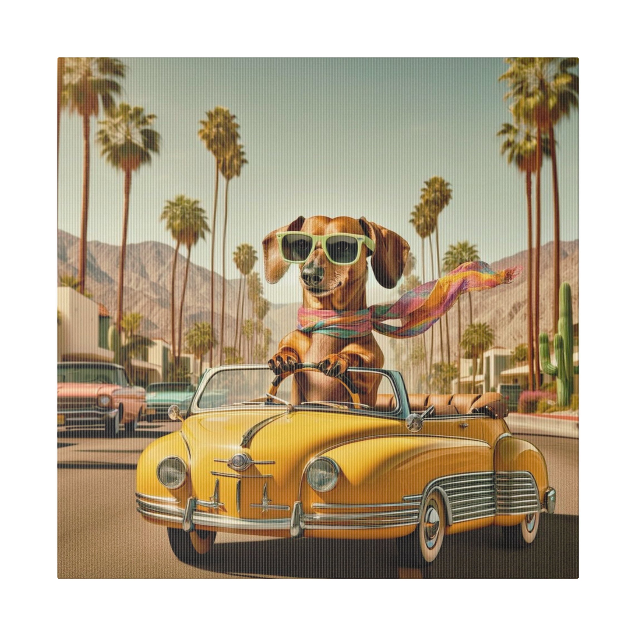 Funny Doxie Dachshund Palm Spring California Driving 50s Inspired Kitschy Wall Art - Mid Century Modern Gal