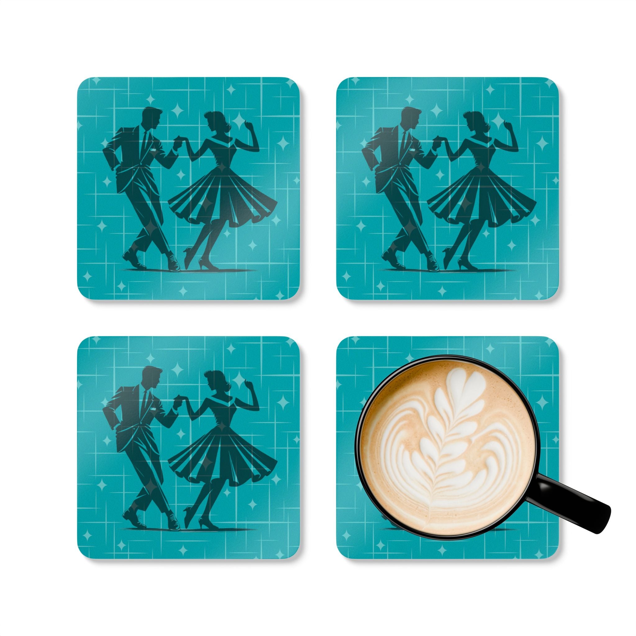 Vintage 50s Kitsch Couple Dance Cork Coaster Set - Retro Style Barware for Home Decor - Mid Century Modern Gal