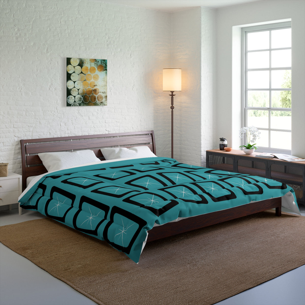 Mid Century Modern Teal Blue Black Geometric StarburstStar Comforter – Modern Bedding for Cozy Spaces - Mid Century Modern Gal